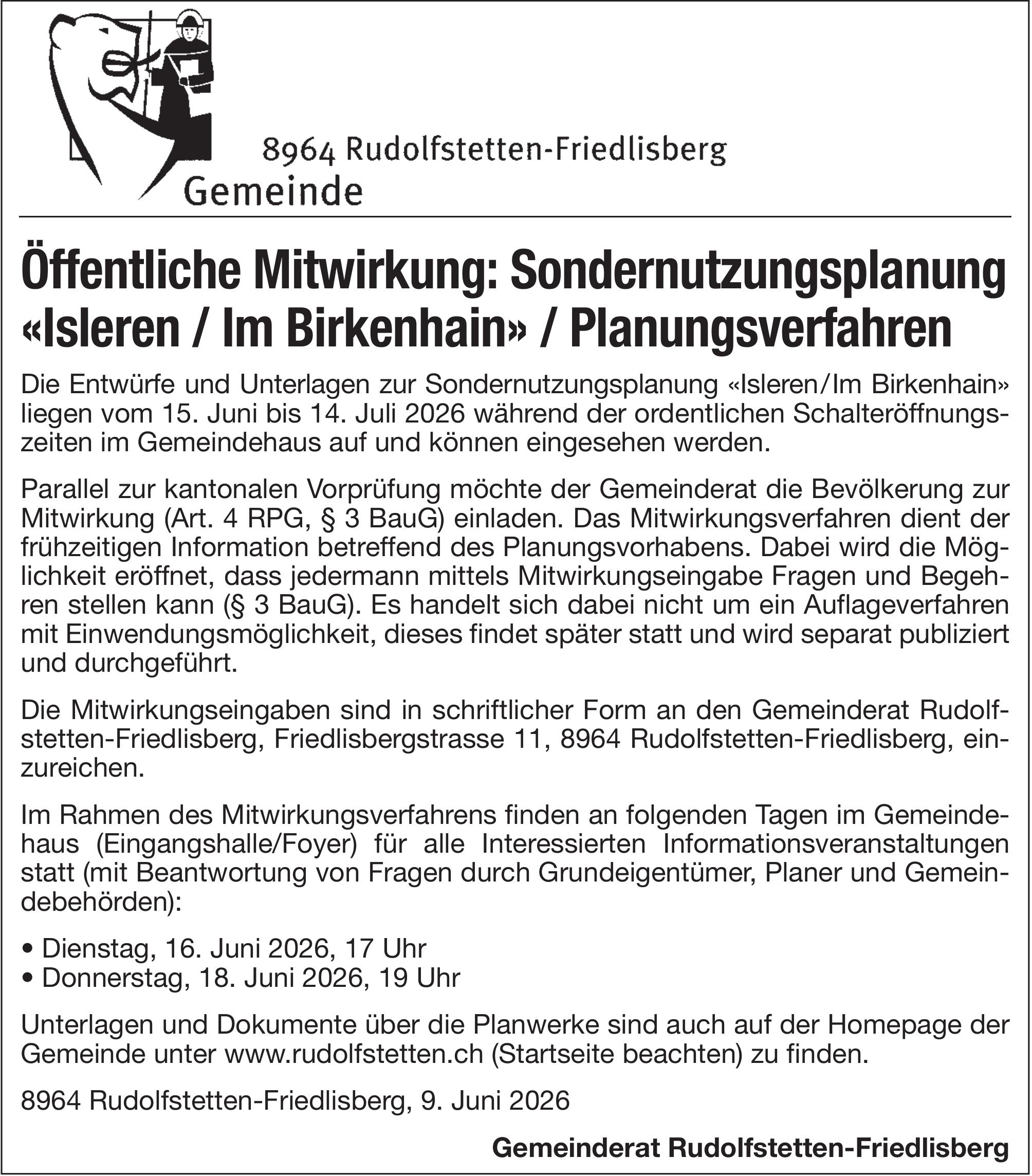 Lokale Gemeinschaft, Rudolfstetten-Friedlisberg - Öffentliche Mitwirkung: Sondernutzungsplanung «Isleren / Im Birkenhain» / Planungsverfahren