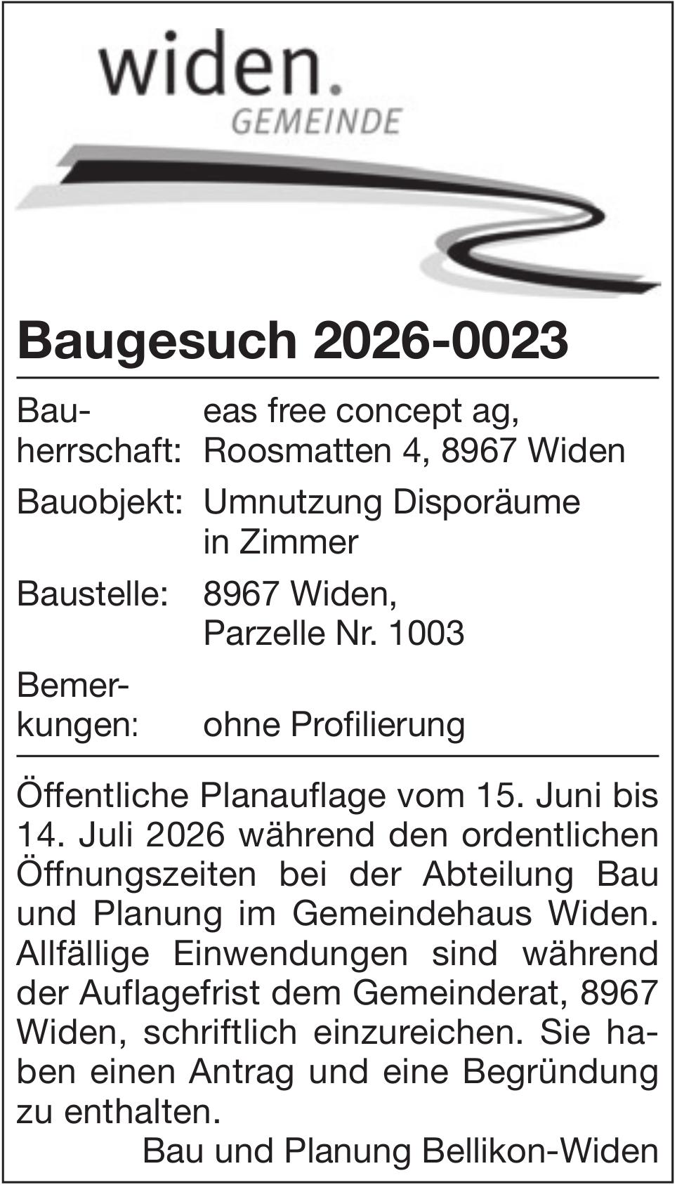 Baugesuche, Widen - Baugesuch 2026-0023