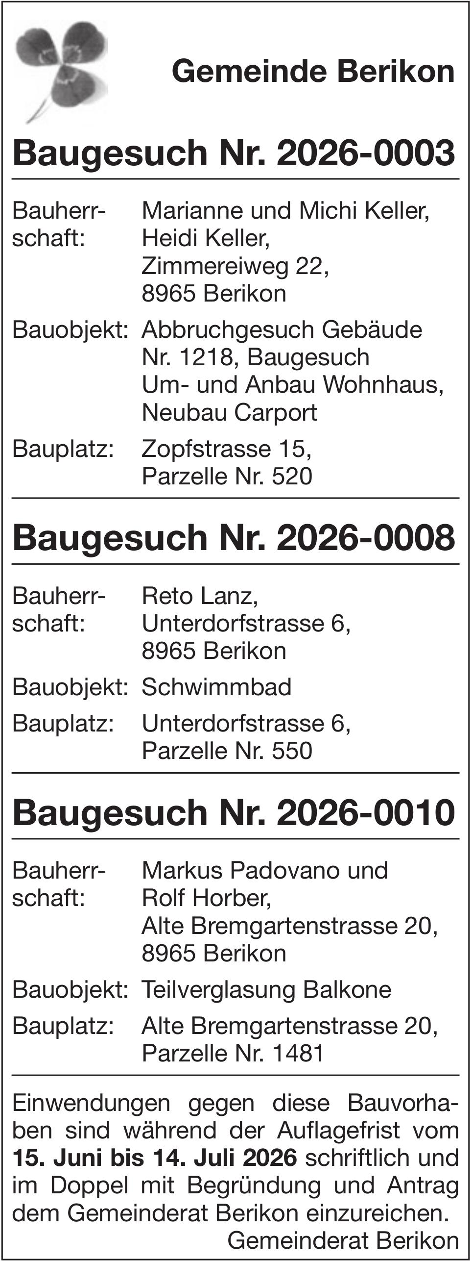 Baugesuche, Berikon - Baugesuche Nr. 2026-0003 / Nr. 2026-0008 / Nr. 2026-0010