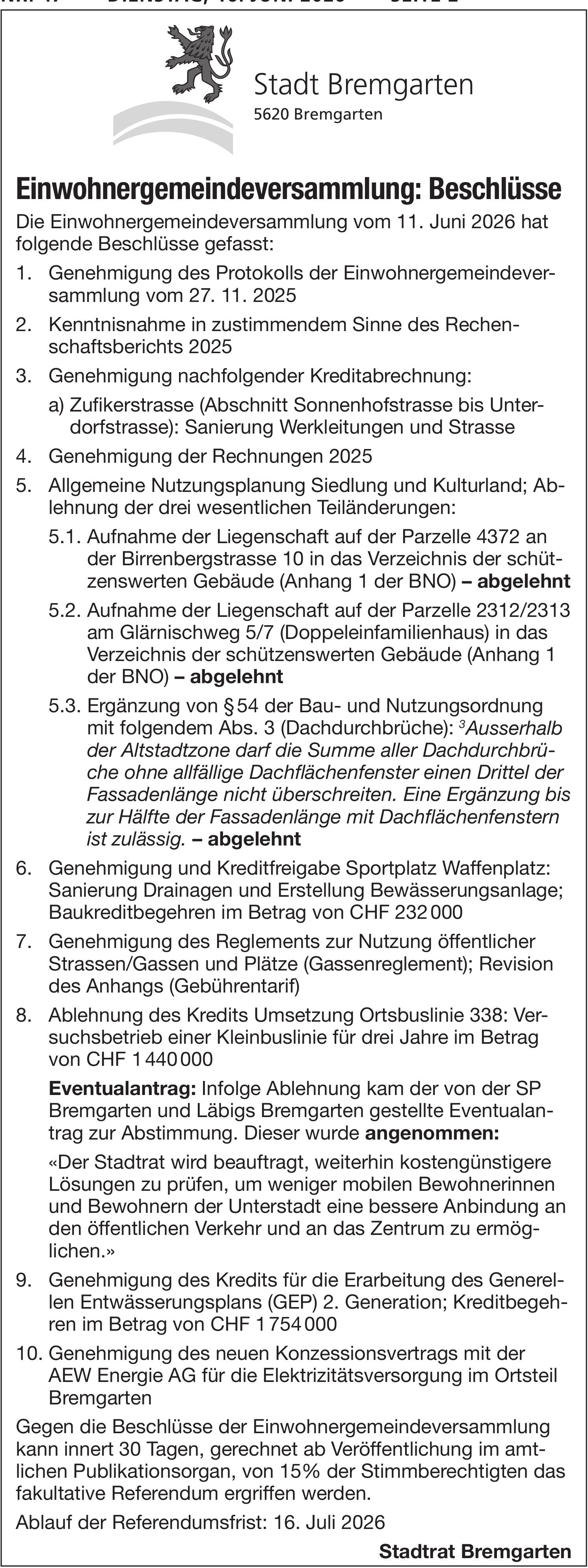 Gemeinde, Stadt Bremgarten, Einwohnergemeindeversammlung: Beschlüsse