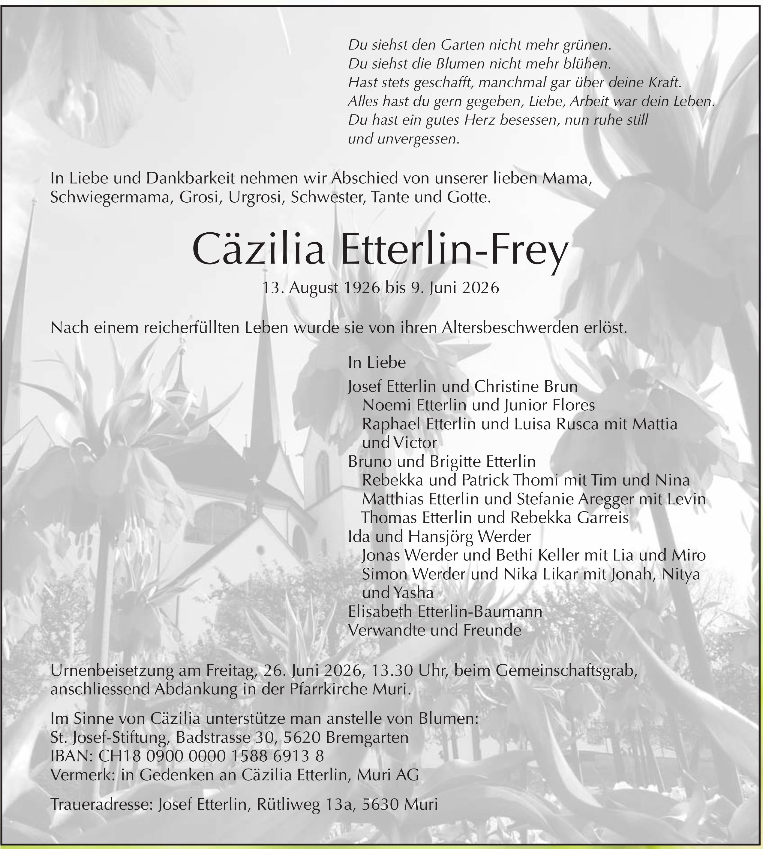 Etterlin-Frey Cäzilia, Juni 2026 / TA