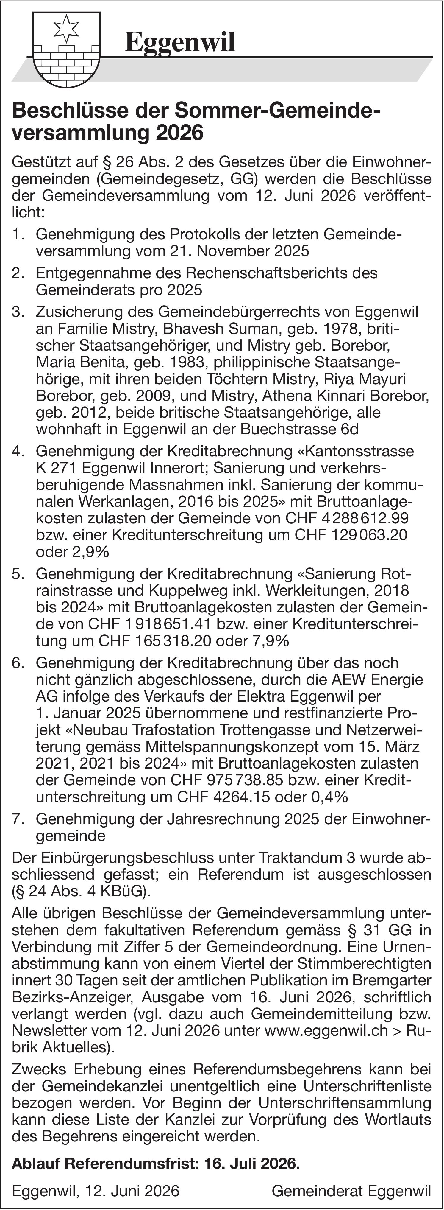 Gemeinde, Gemeinderat Eggenwil, Beschlüsse der Sommer-Gemeindeversammlung 2026