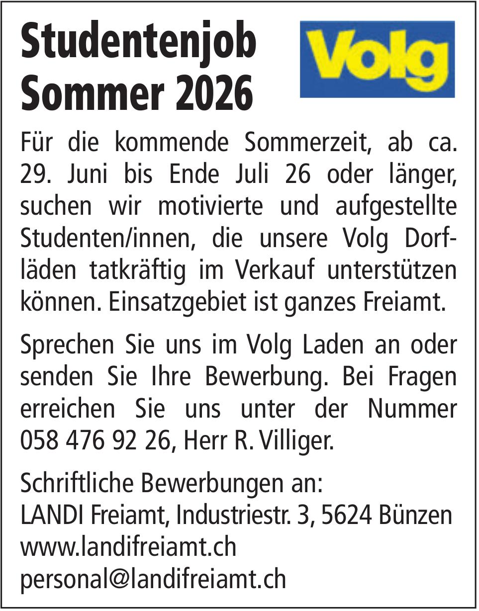 Studentenjob Sommer 2026, Landi Freiamt, Bünzen, zu vergeben