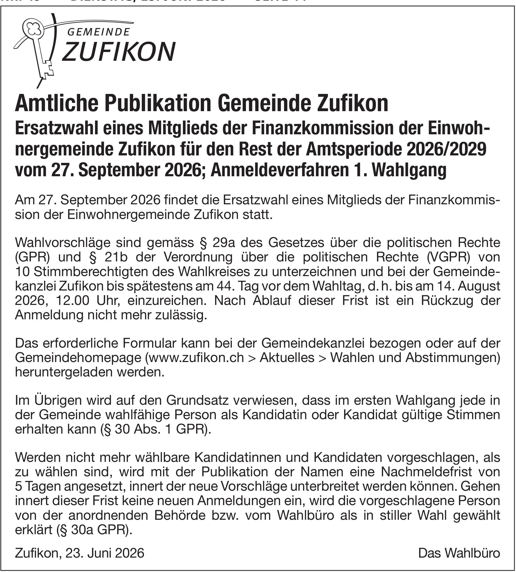 Wahlen & Abstimmungen, Das Wahlbüro, Amtliche Publikation Gemeinde Zufikon