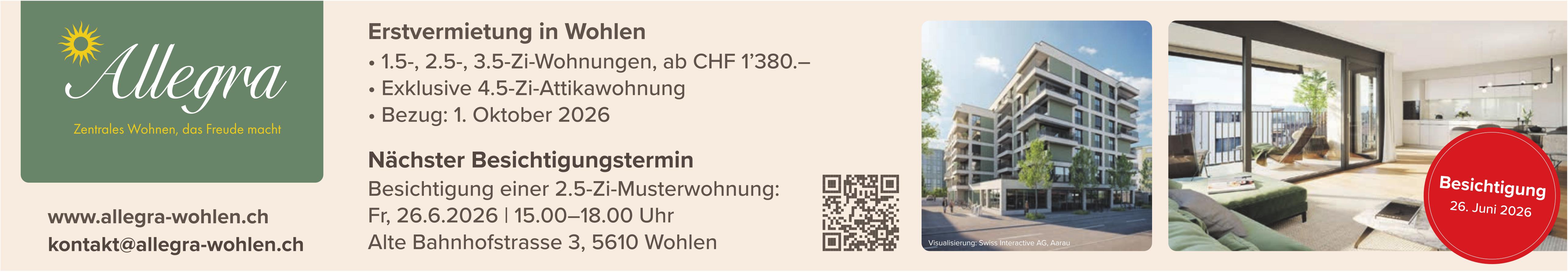 1.5-, 2.5-,  3.5-Zi.-Wohnungen,  ab CHF 1380.–, Wohlen,  zu vermieten
