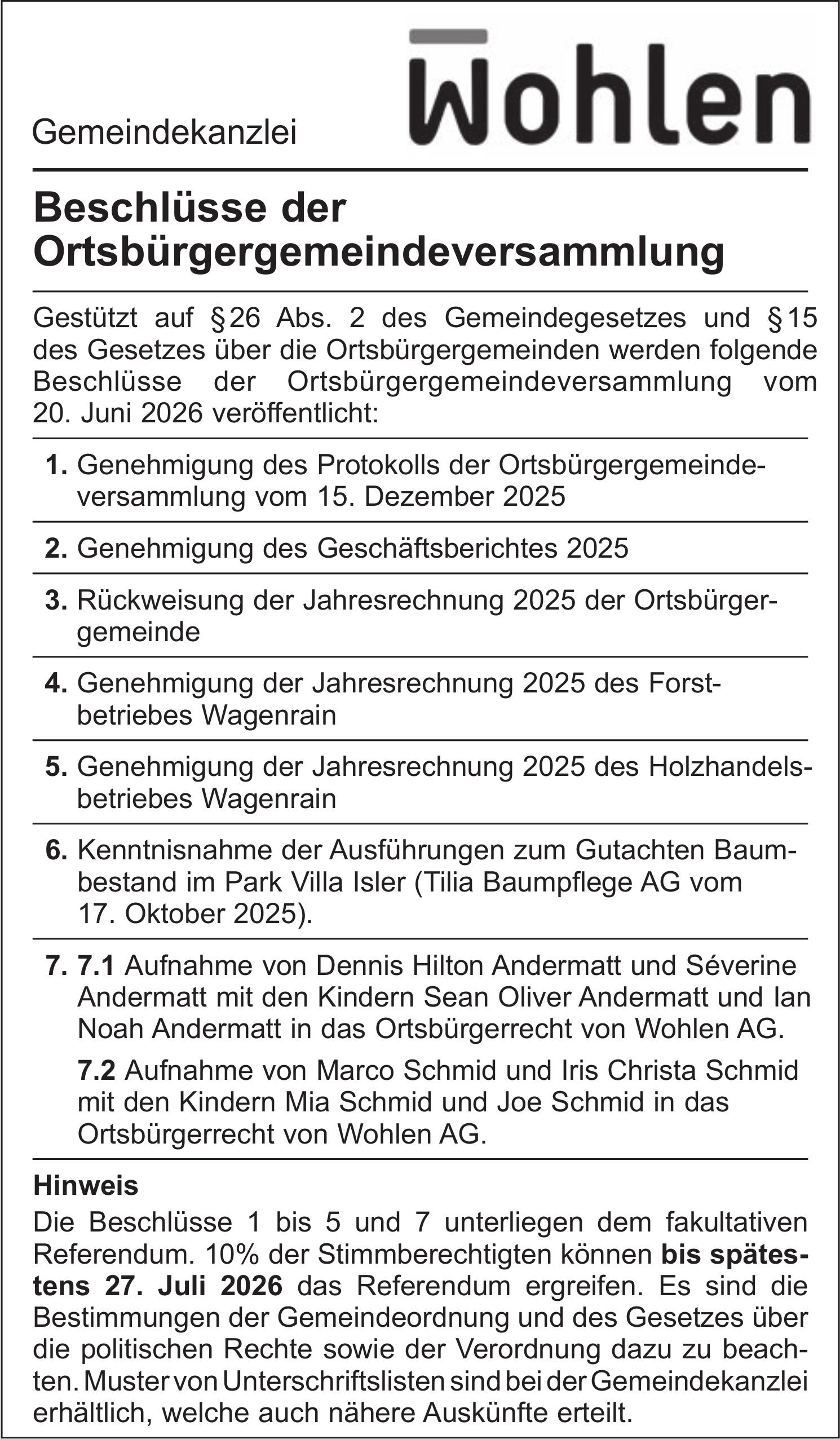 Lokale Gemeinschaft, Gemeindekanzlei Wohlen, Beschlüsse der Ortsbürgergemeindeversammlung