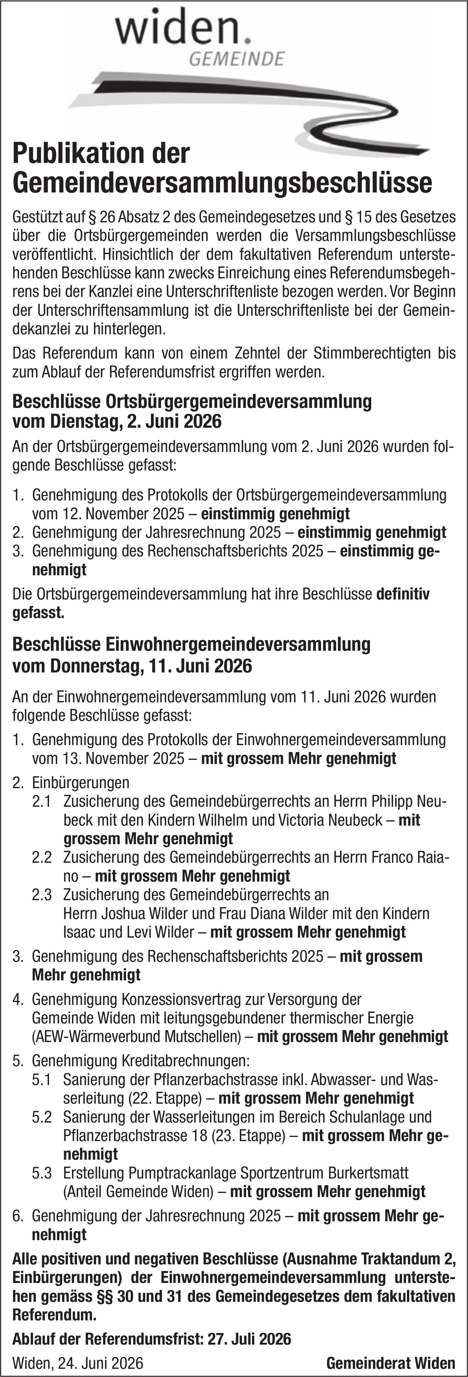 Lokale Gemeinschaft, Gemeinde Widen, Publikation der Gemeindeversammlungsbeschlüsse