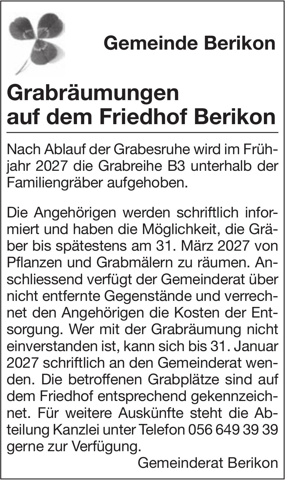 Lokale Gemeinschaft, Gemeinde Berikon, Grabräumungen auf dem Friedhof Berikon