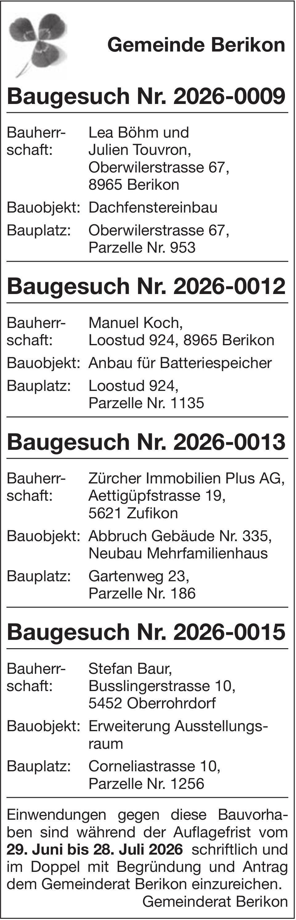 Baugesuche, Berikon - Baugesuche Nr. 2026-0009 / Nr. 2026-0012 / Nr. 2026-0013 / Nr. 2026-0015