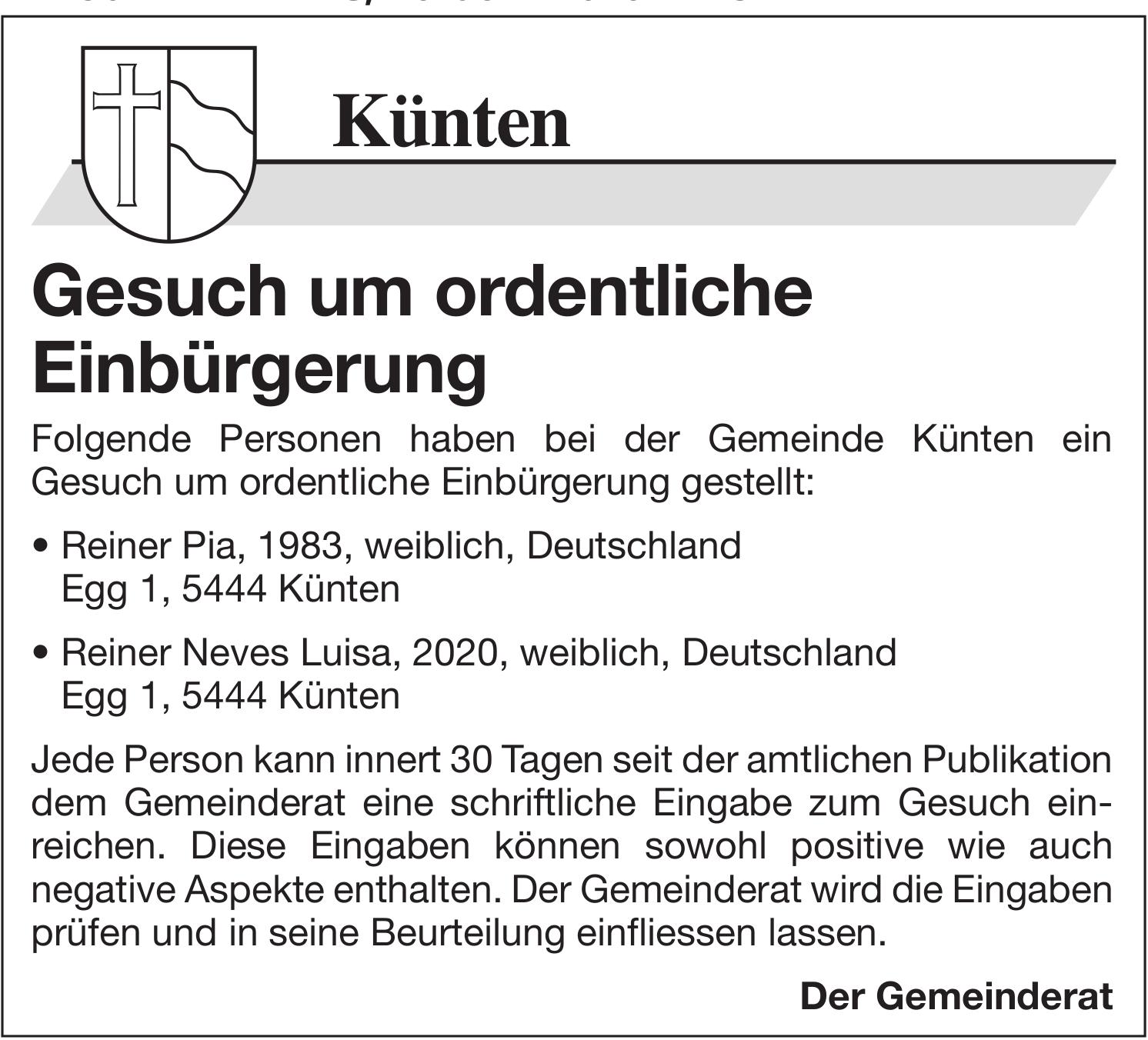 Lokale Gemeinschaft, Künten - Gesuch um ordentliche Einbürgerung