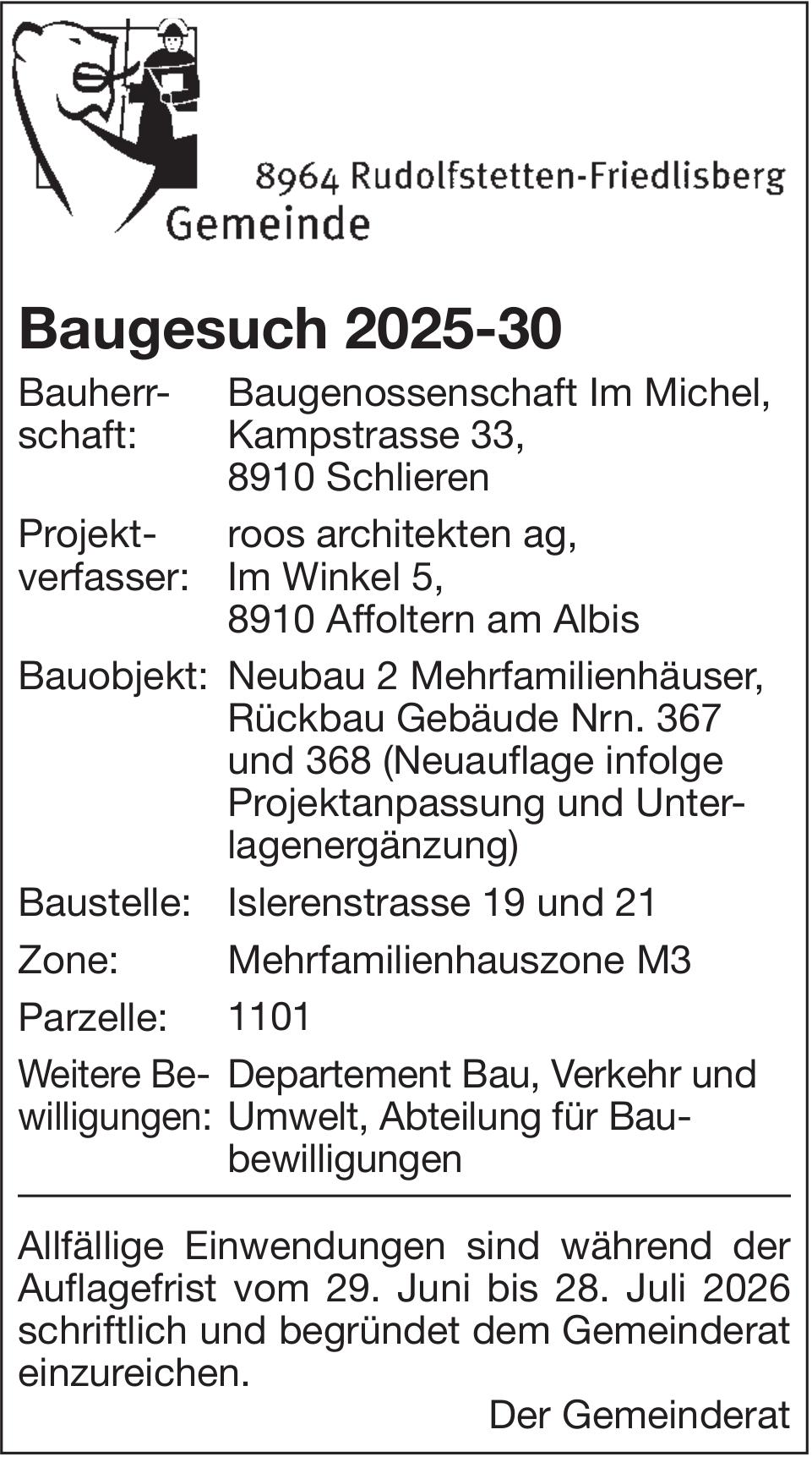 Baugesuche, Rudolfstetten-Friedlisberg - Baugesuch 2025-30, Baugenossenschaft Im Michel