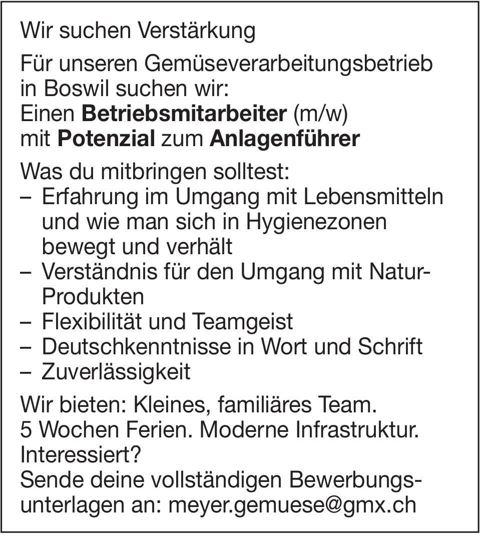 Betriebsmitarbeiter (m/w), Gemüseverarbeitungsbetrieb in Boswil, Gesucht