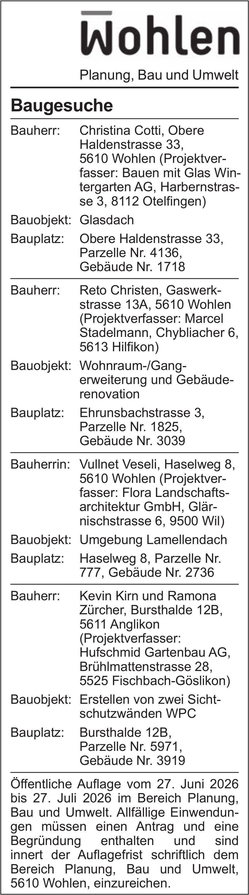 Baugesuche, Wohlen