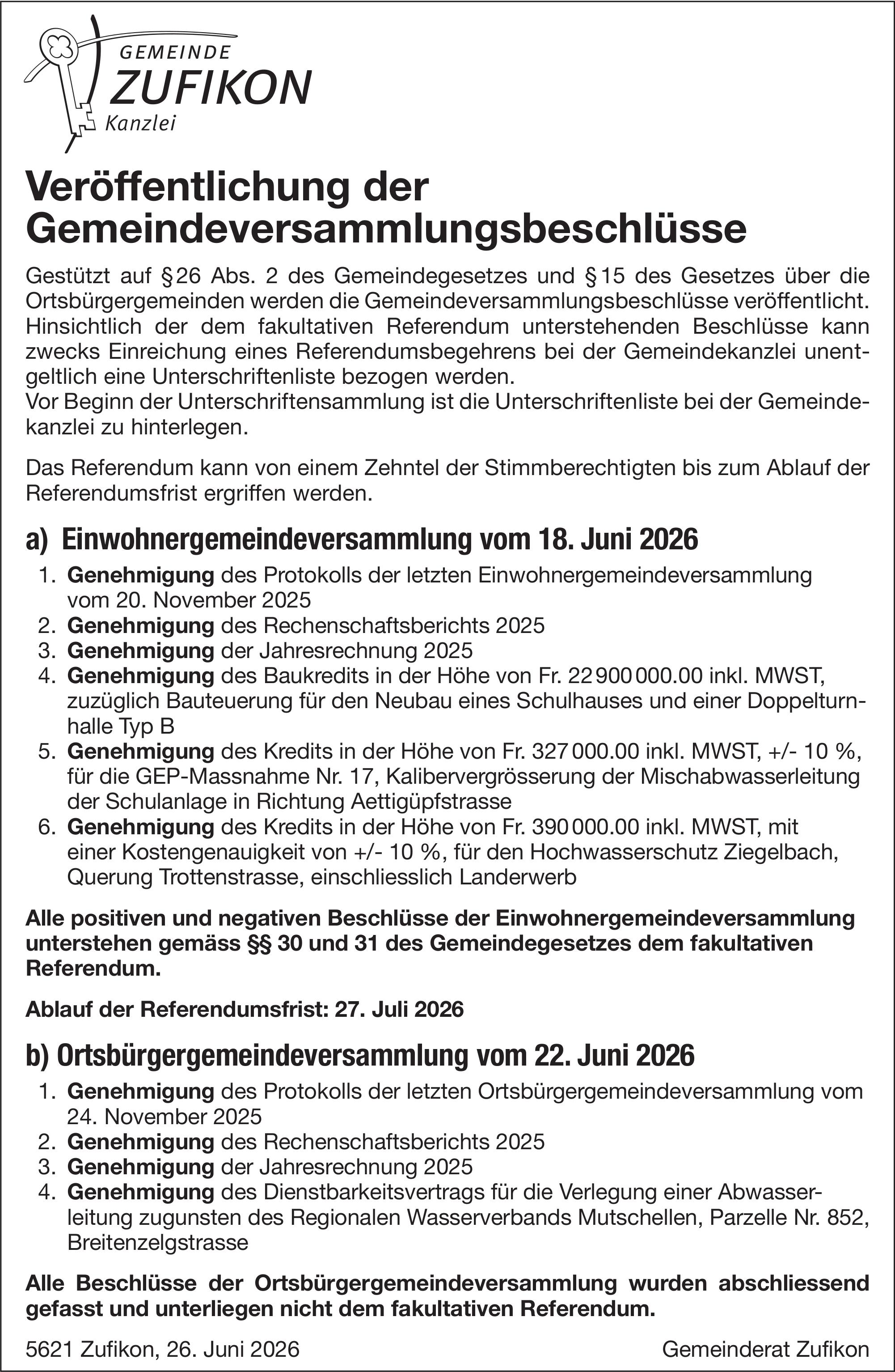 Lokale Gemeinschaft, Gemeinde Zufikon, Veröffentlichung der Gemeindeversammlungsbeschlüsse