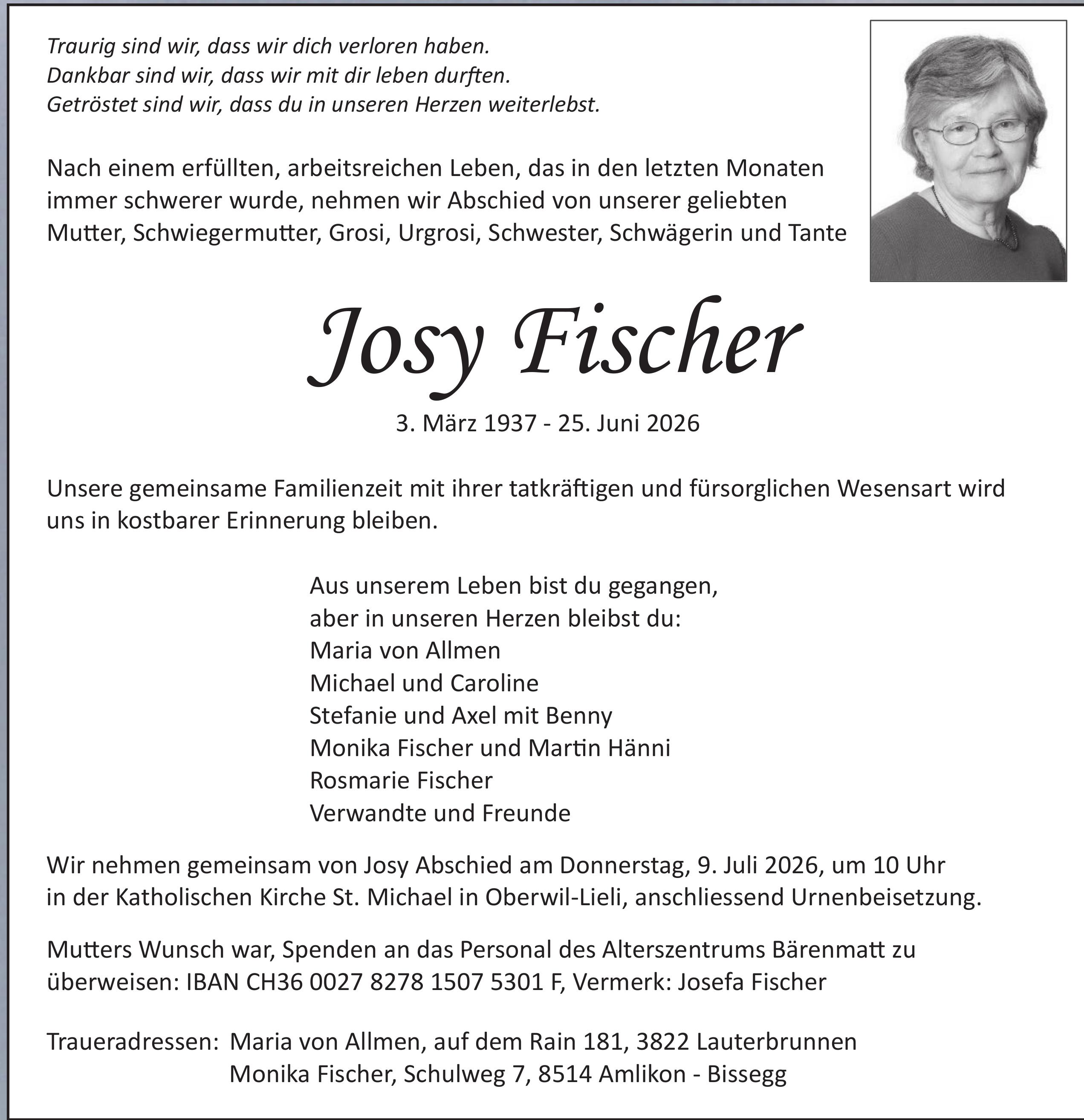 Fischer Josy, Juni 2026 / TA
