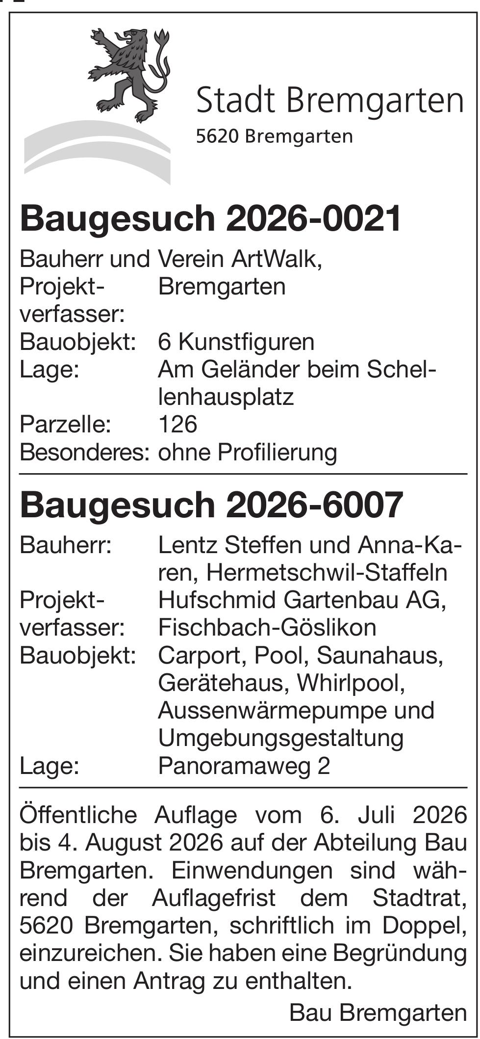 Baugesuche, Stadt Bremgarten - Baugesuche 2026-0021 & 2026-6007