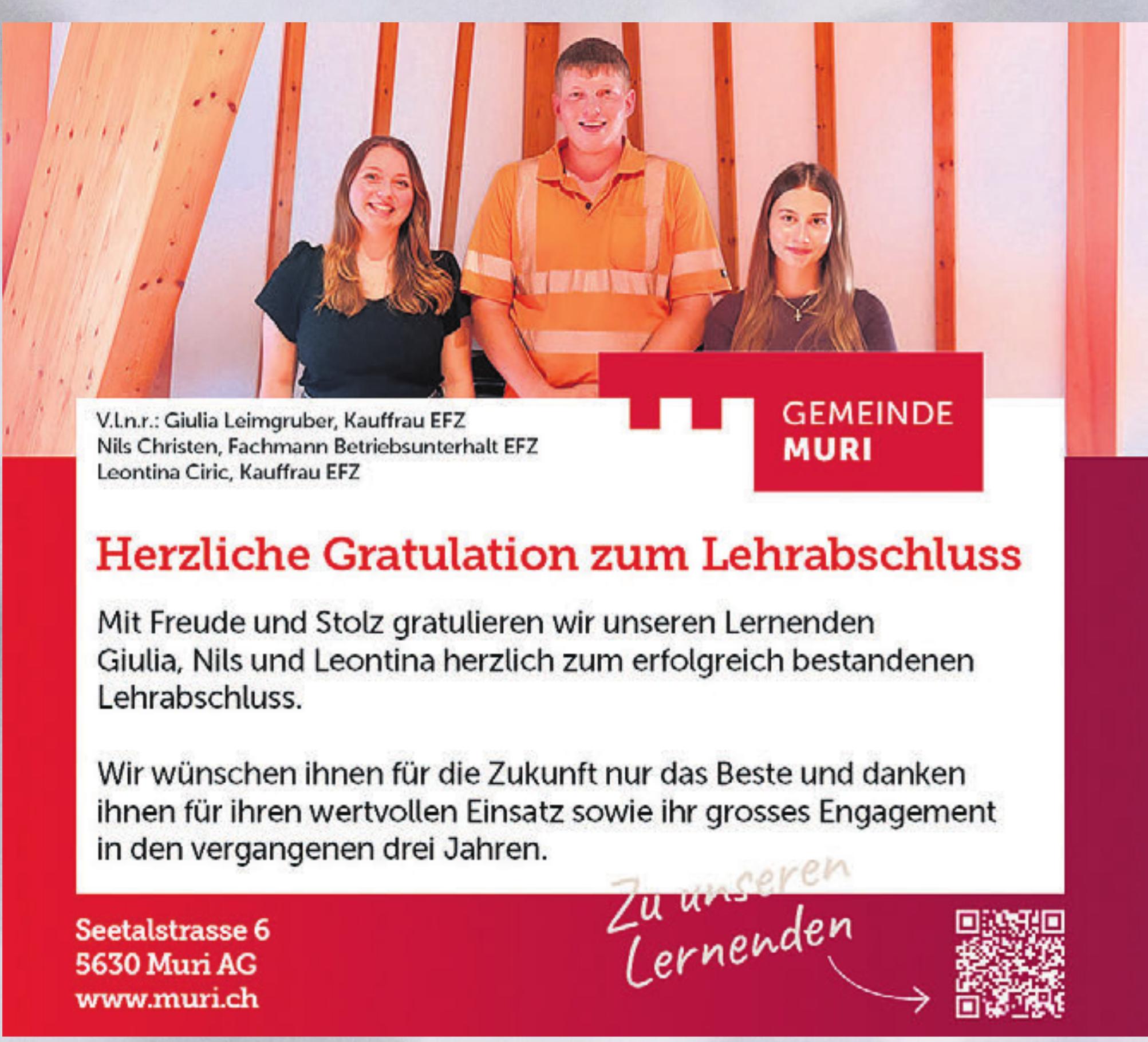 Gemeinde Muri - Herzliche Gratulation zum Lehrabschluss