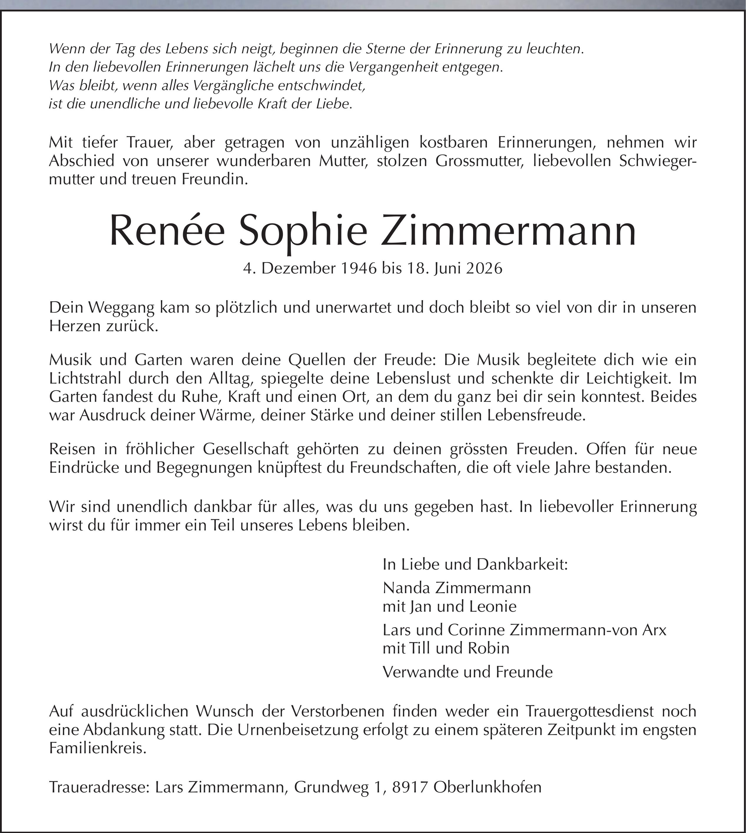 Zimmermann Renée Sophie, Juni 2026 / TA