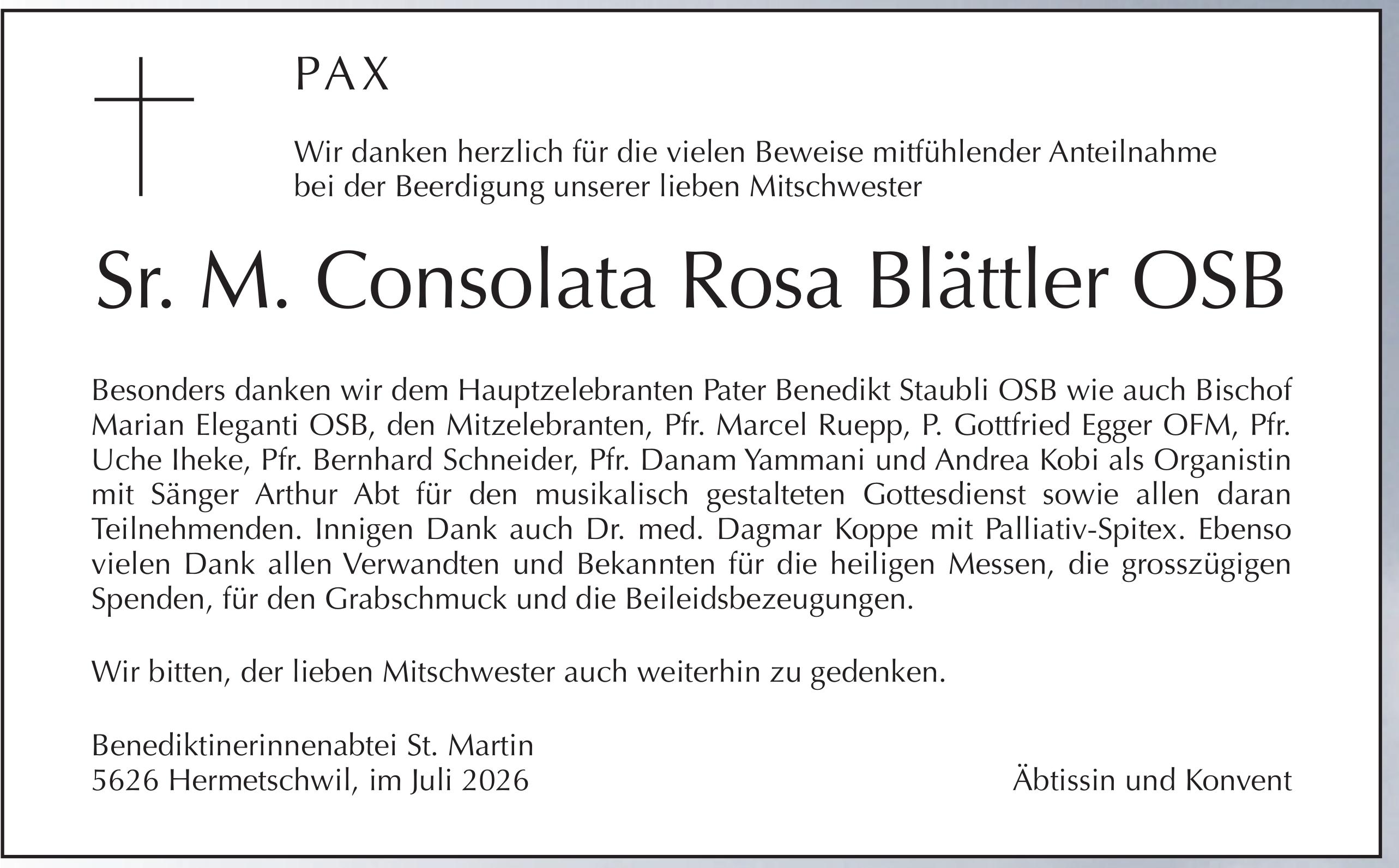 Blättler Sr. M. Consolata Rosa, im Juli 2026 / DS