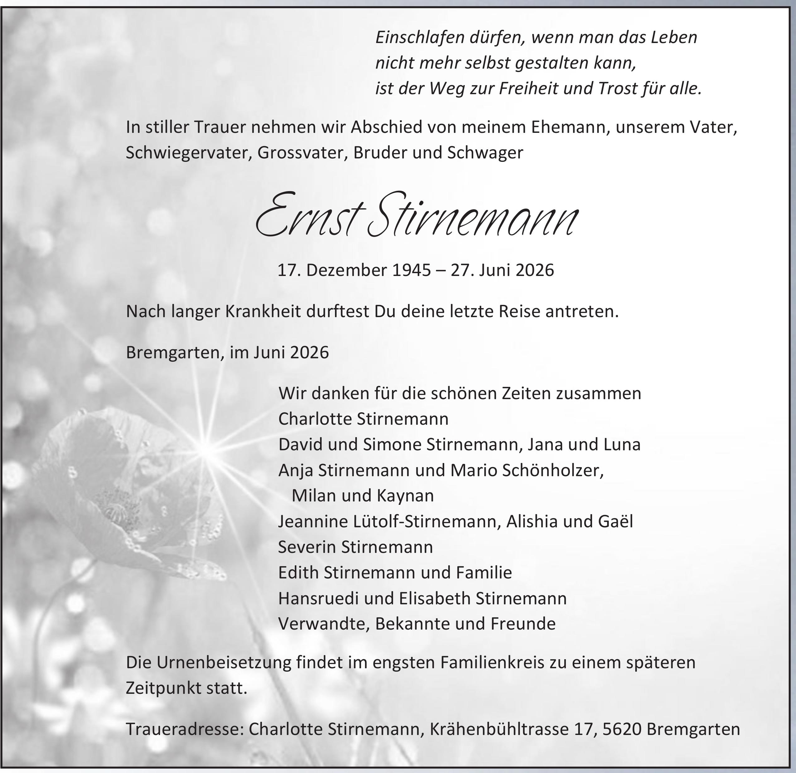 Stirnemann Ernst, Juni 2026 / TA