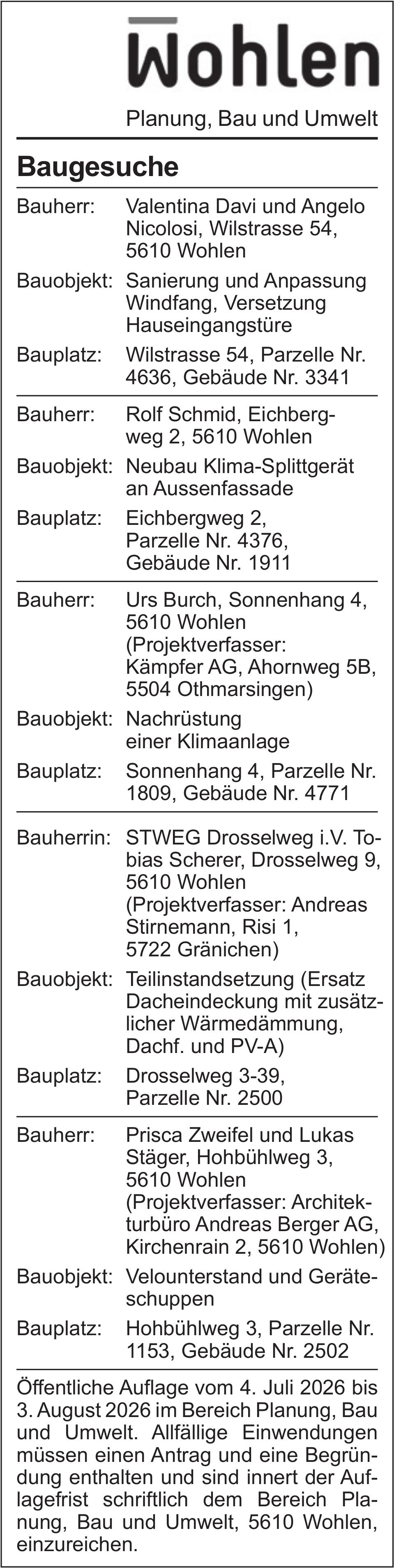 Baugesuche, Wohlen
