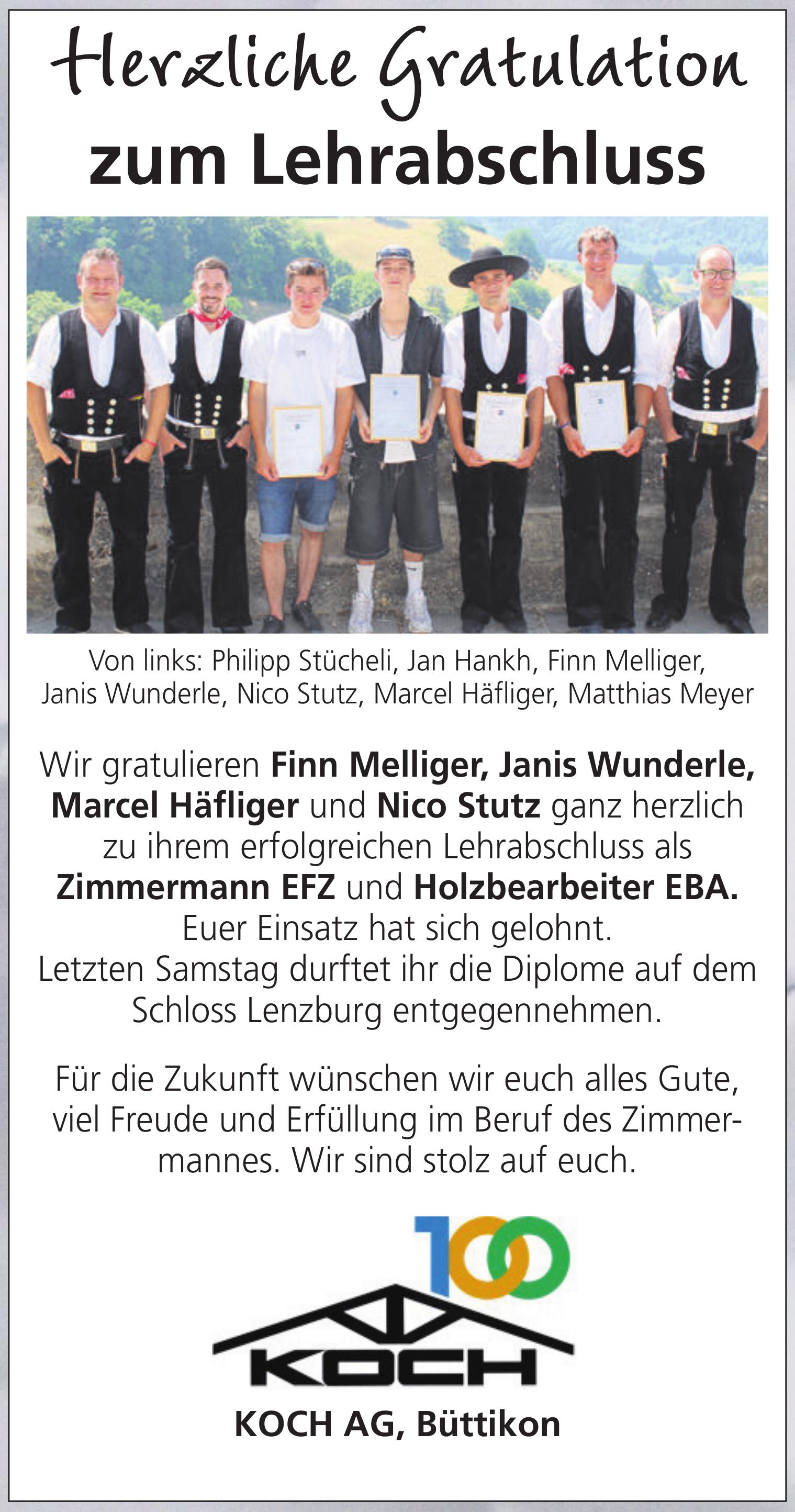 KOCH AG, Büttikon, Herzliche Gratulation zum Lehrabschluss