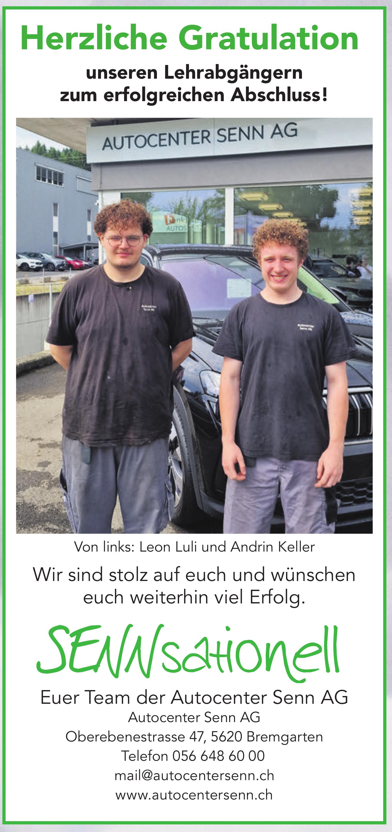 Autocenter Senn AG, Bremgarten - Herzliche Gratulation unseren Lehrabgängern zum erfolgreichen Abschluss!