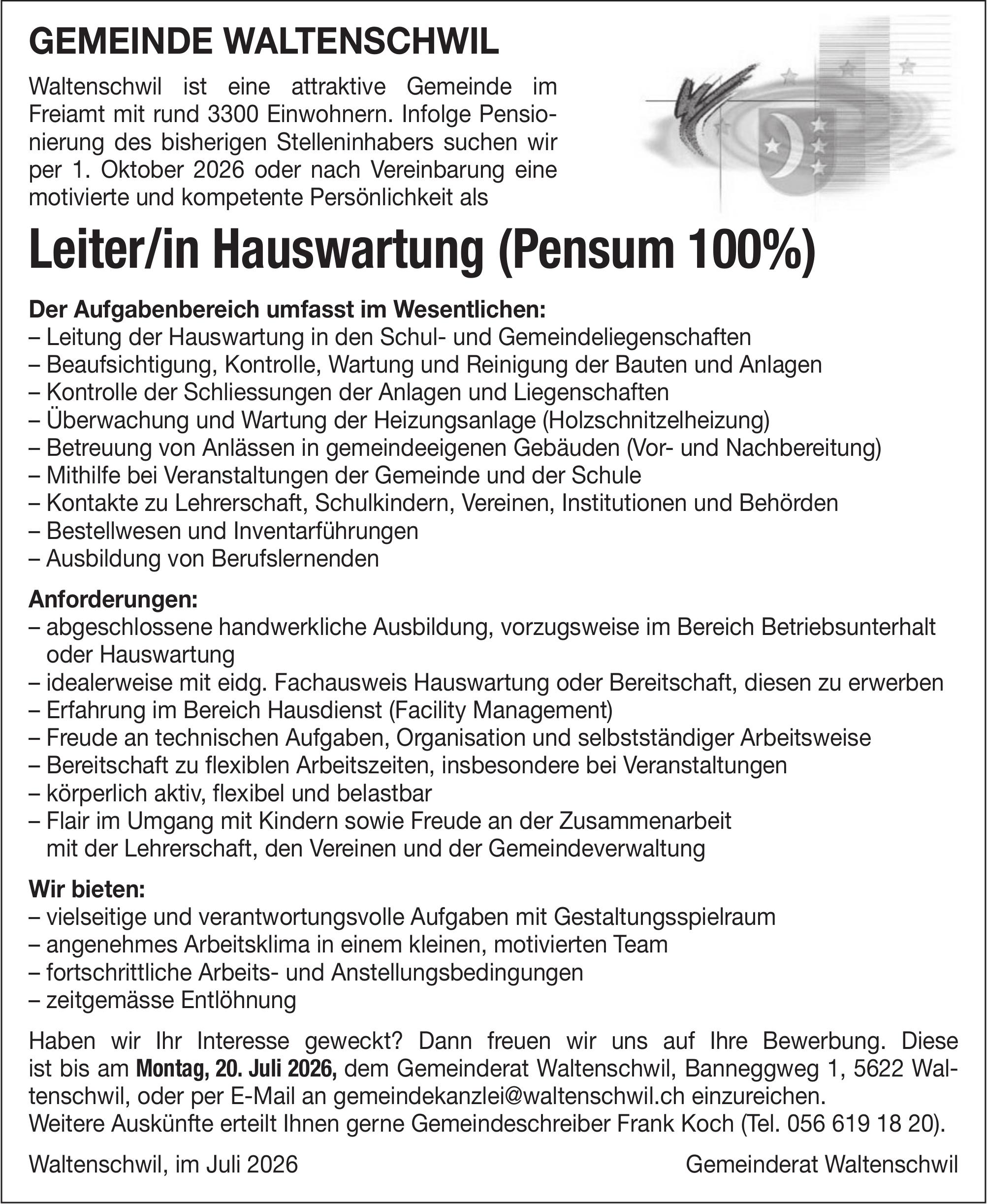 Leiter/in Hauswartung (Pensum 100%), Gemeinde Waltenschwil, Gesucht