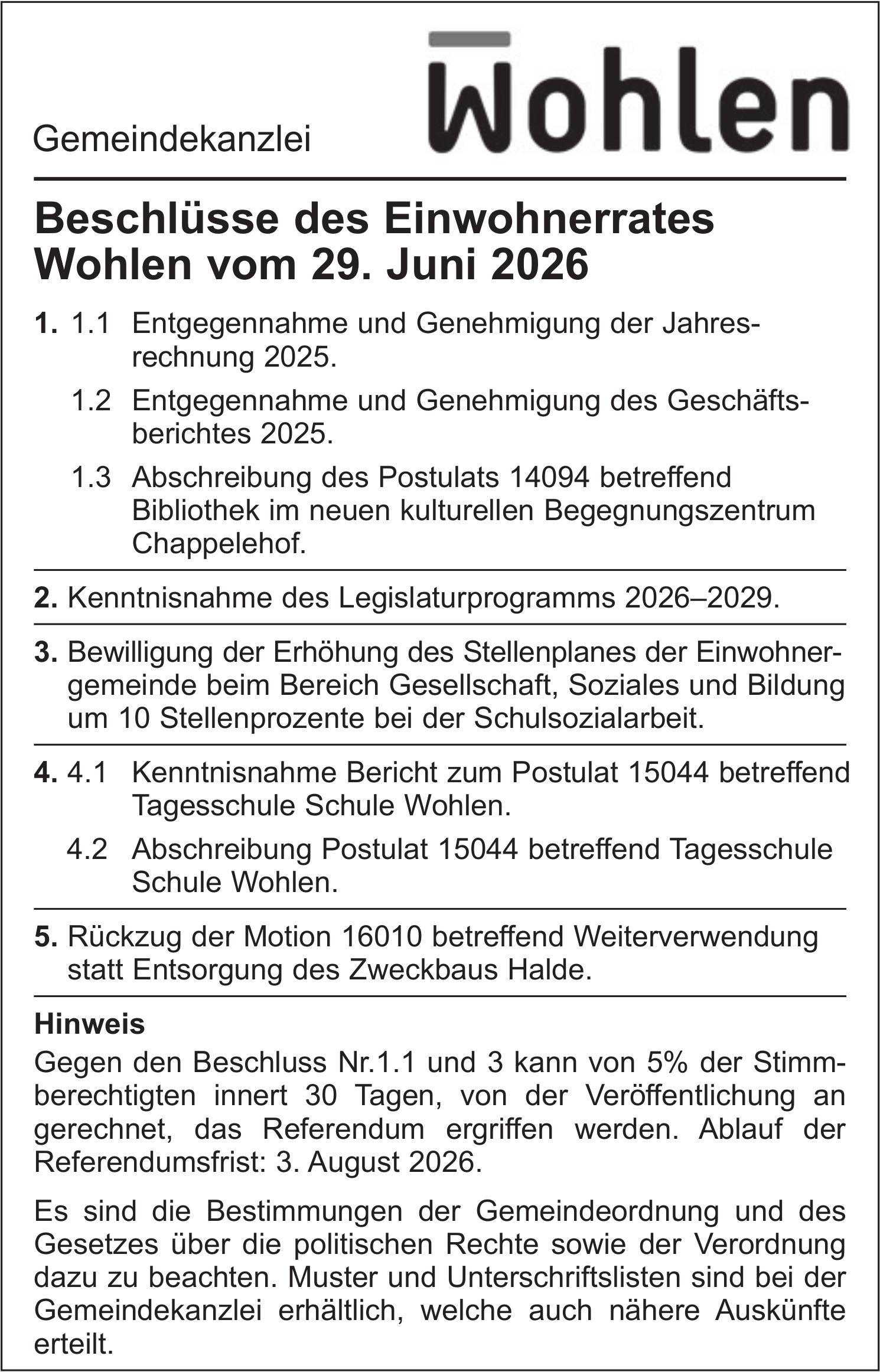 Lokale Gemeinschaft, Beschlüsse des Einwohnerrates Wohlen vom 29. Juni 2026