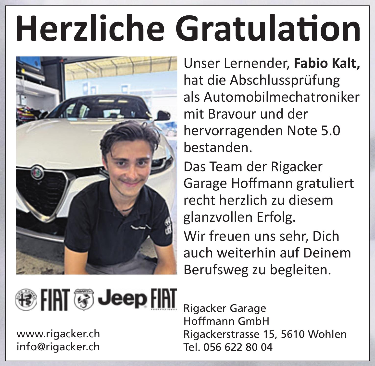 Rigacker Garage Hoffmann GmbH, Wohlen - Herzliche Gratulation Fabio Kalt