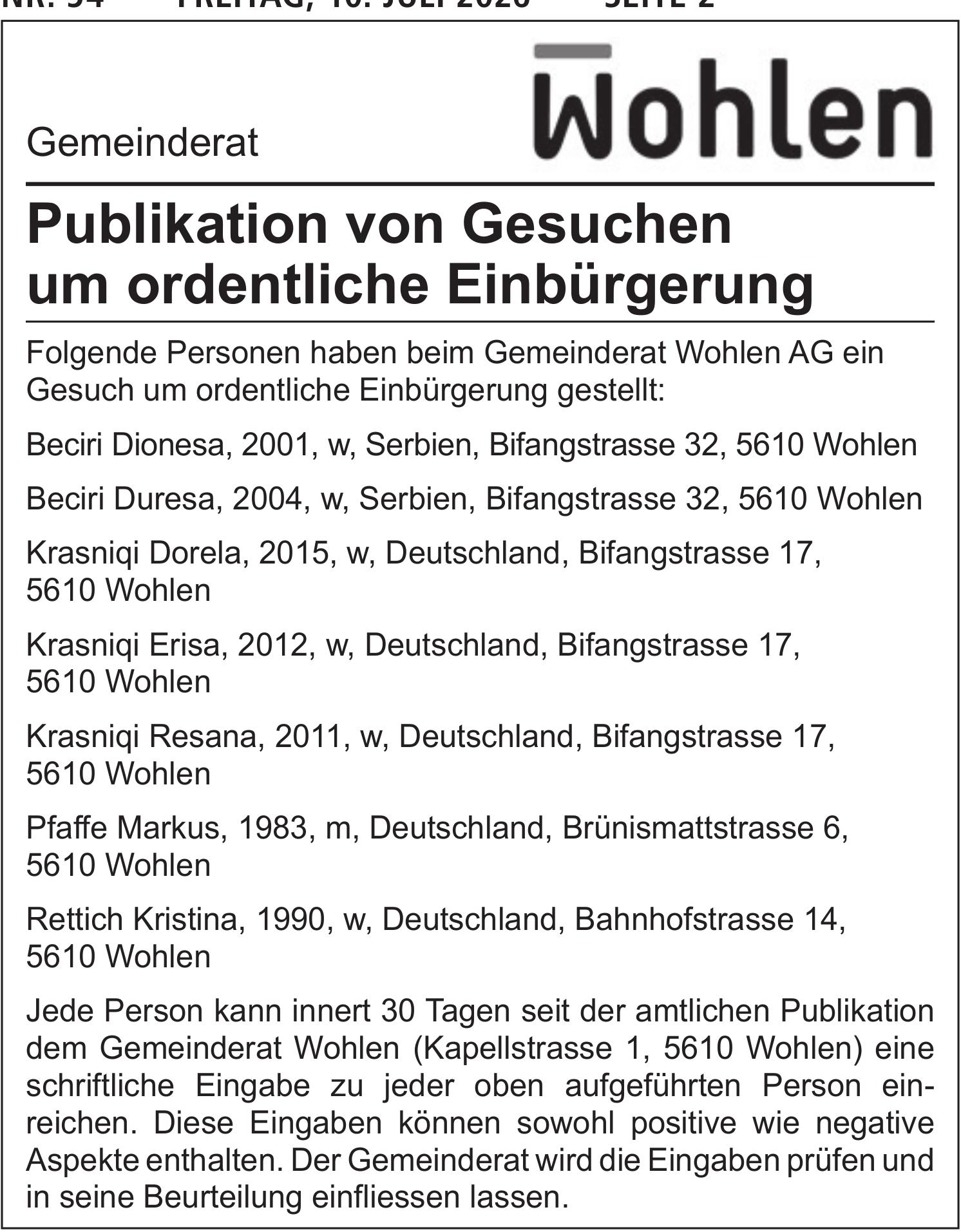 Lokale Gemeinschaft, Wohlen - Publikation von Gesuchen um ordentliche Einbürgerung