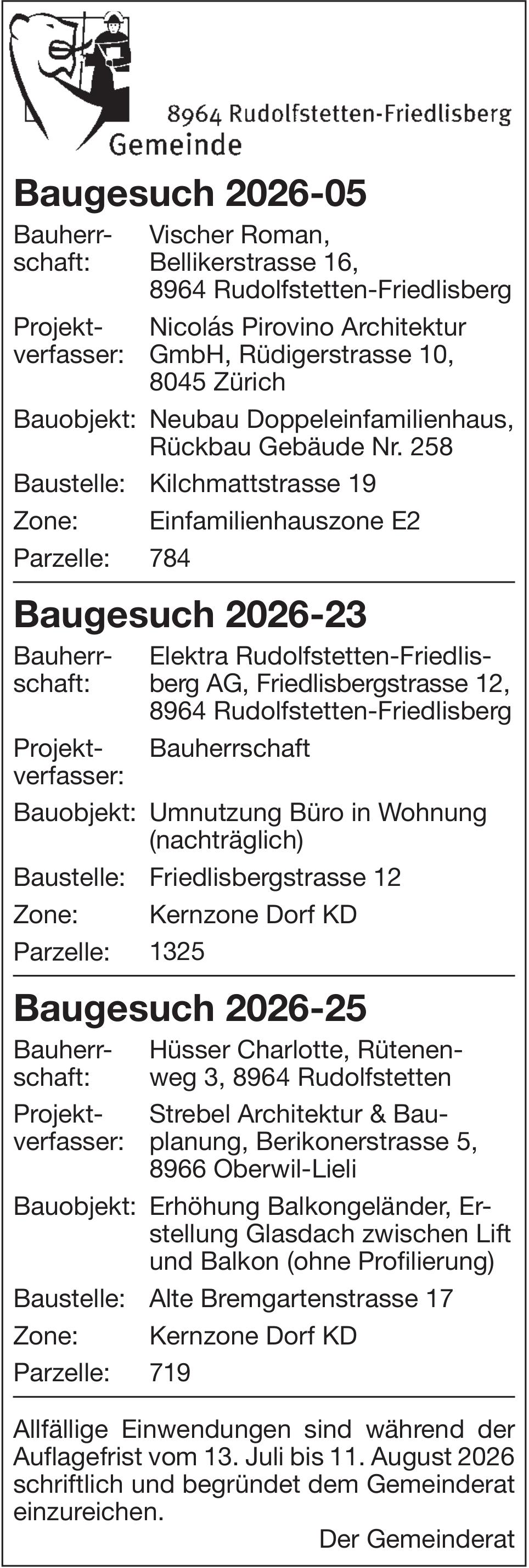 Baugesuche, Rudolfstetten-Friedlisberg - Baugesuche 2026-05 / 2026-23 / 2026-25