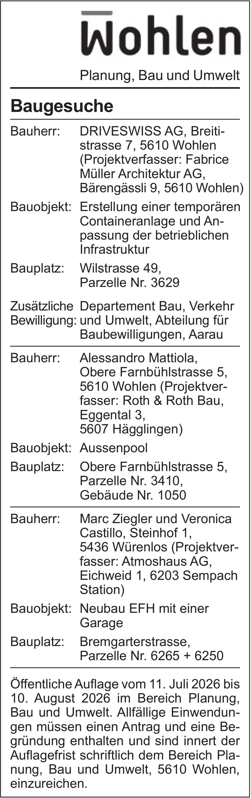Baugesuche, Wohlen