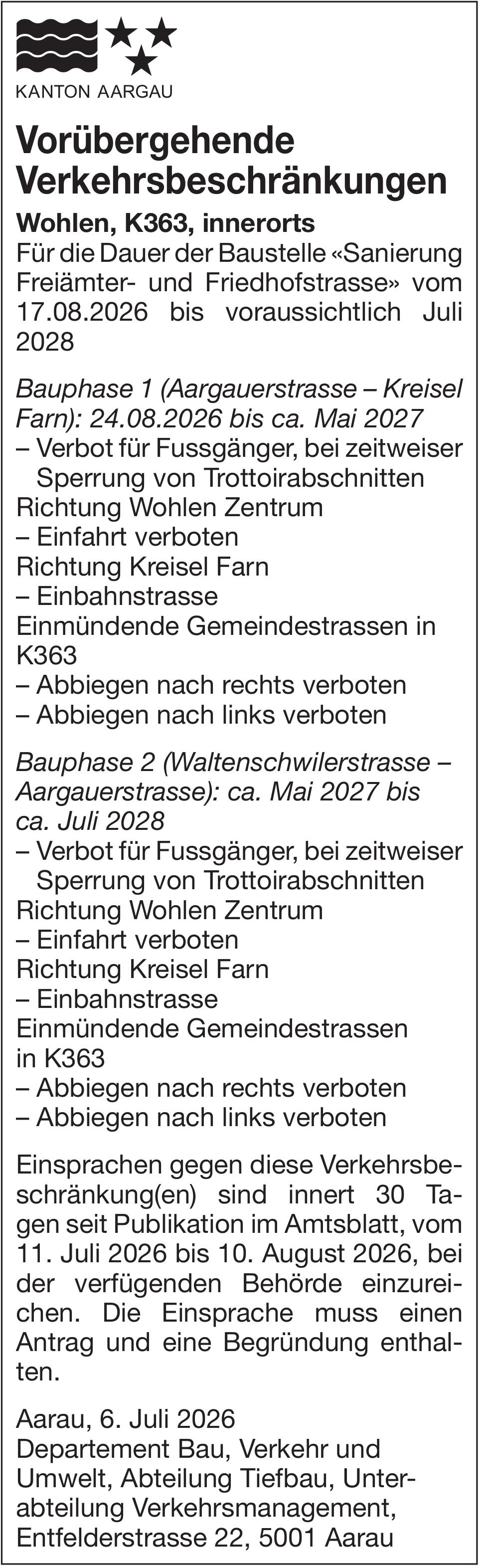 Verkehrsmaßnahmen / Wartungsarbeiten, Wohlen - Vorübergehende Verkehrsbeschränkungen - K363, innerorts