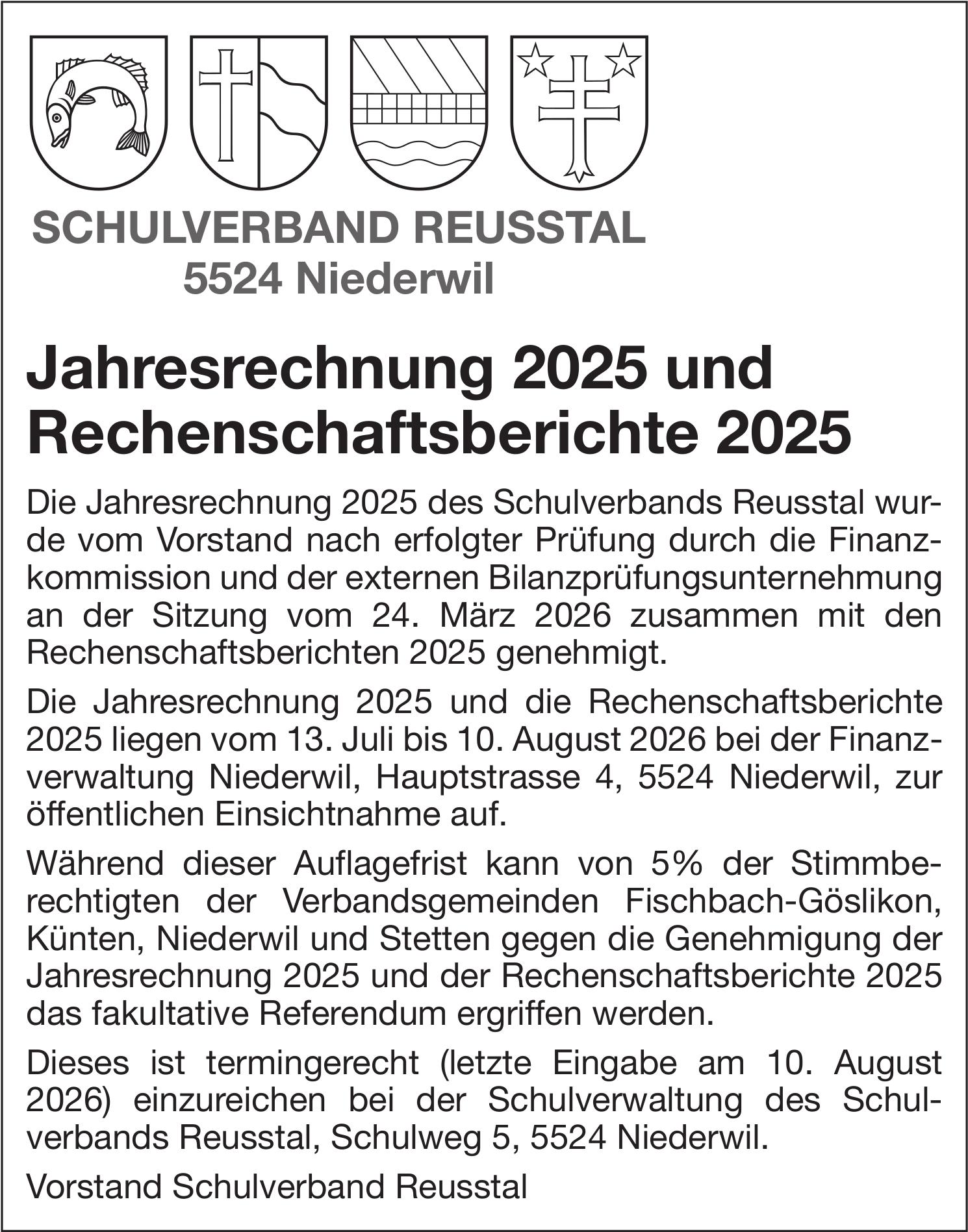 Lokale Gemeinschaft, Niederwil - SCHULVERBAND REUSSTAL, Jahresrechnung 2025 und Rechenschaftsberichte 2025