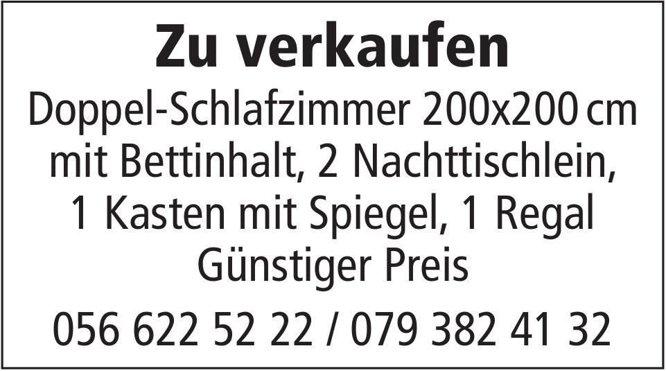 Zu verkaufen: Doppel-Schlafzimmer 200x200cm mit Bettinhalt, 2 Nachttischlein, 1 Kasten mit Spiegel, 1 Regal