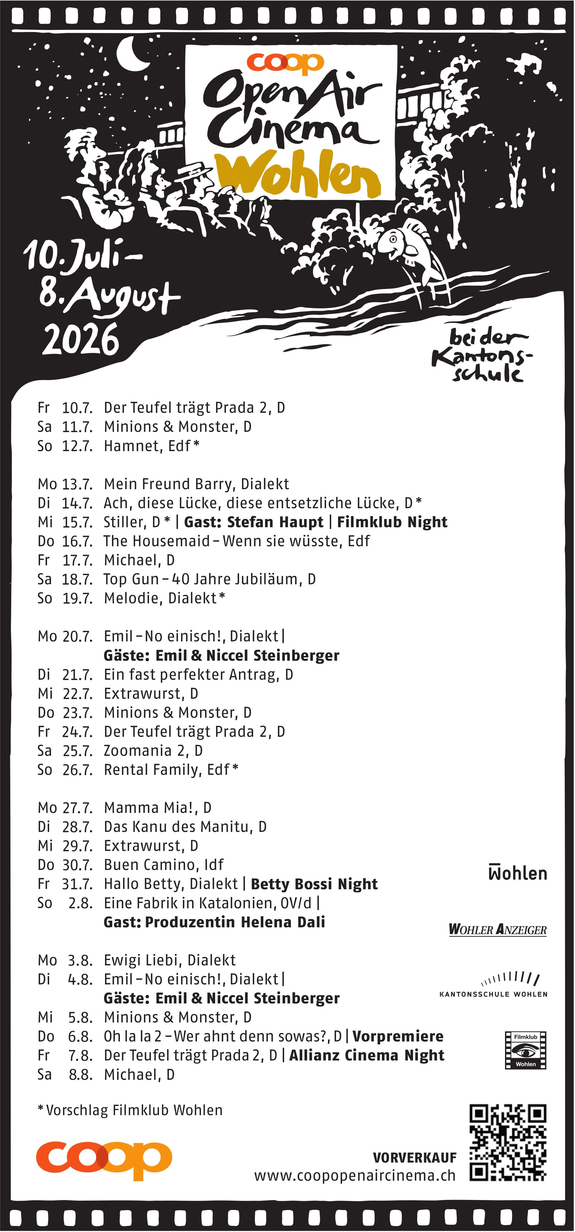 Open Air Cinema Wohlen, 10. Juli - 8. August, bei der Kantonsschule
