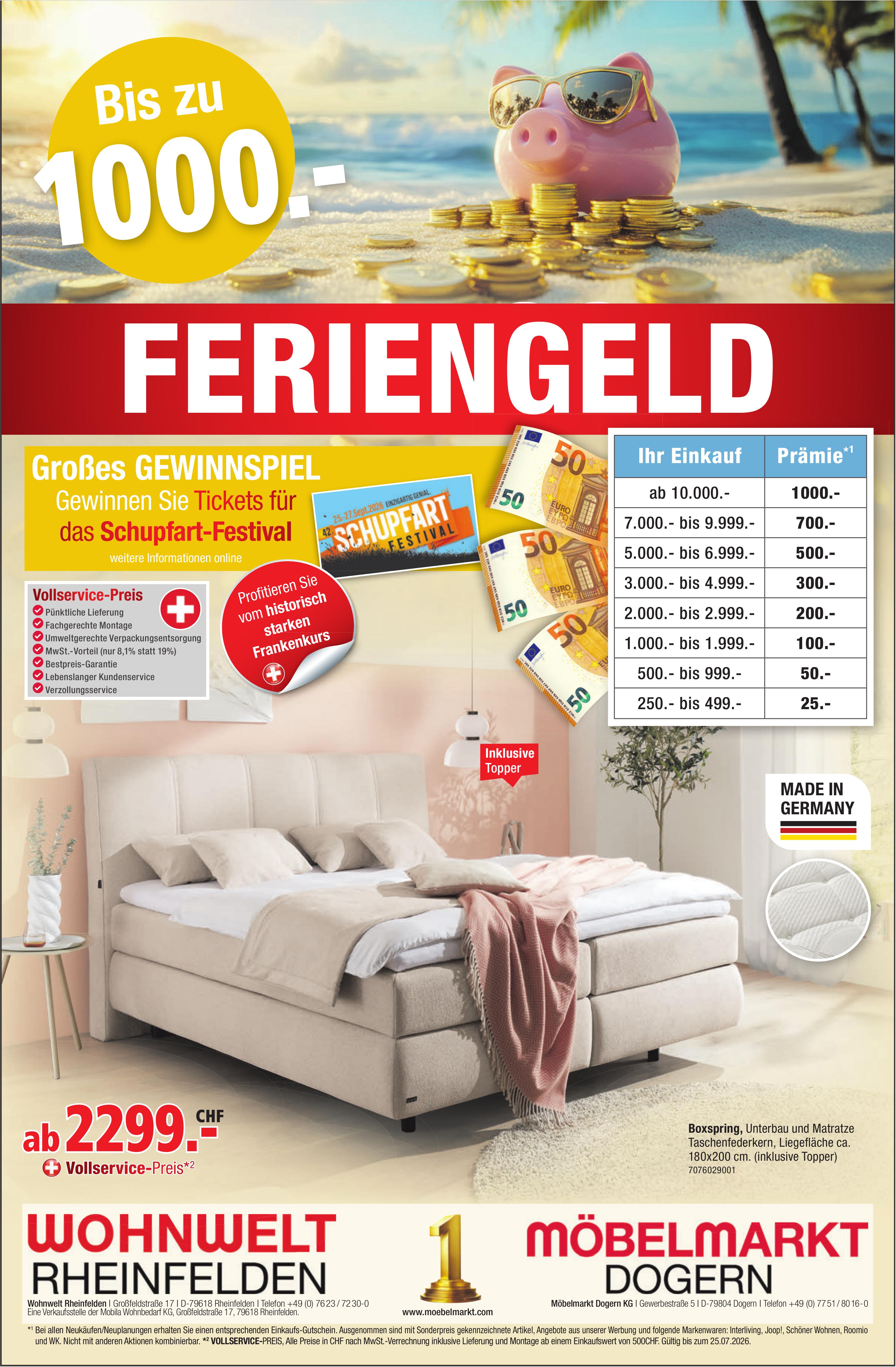 WOHNWELT RHEINFELDEN, Bis zu 1000.- FERIENGELD