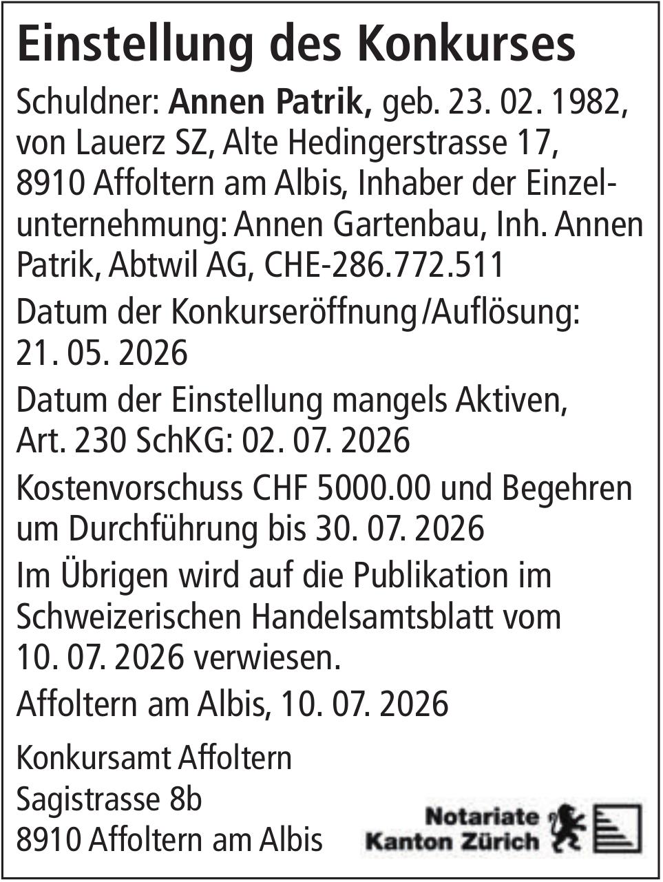 Notariate Kanton Zürich, Einstellung des Konkurses