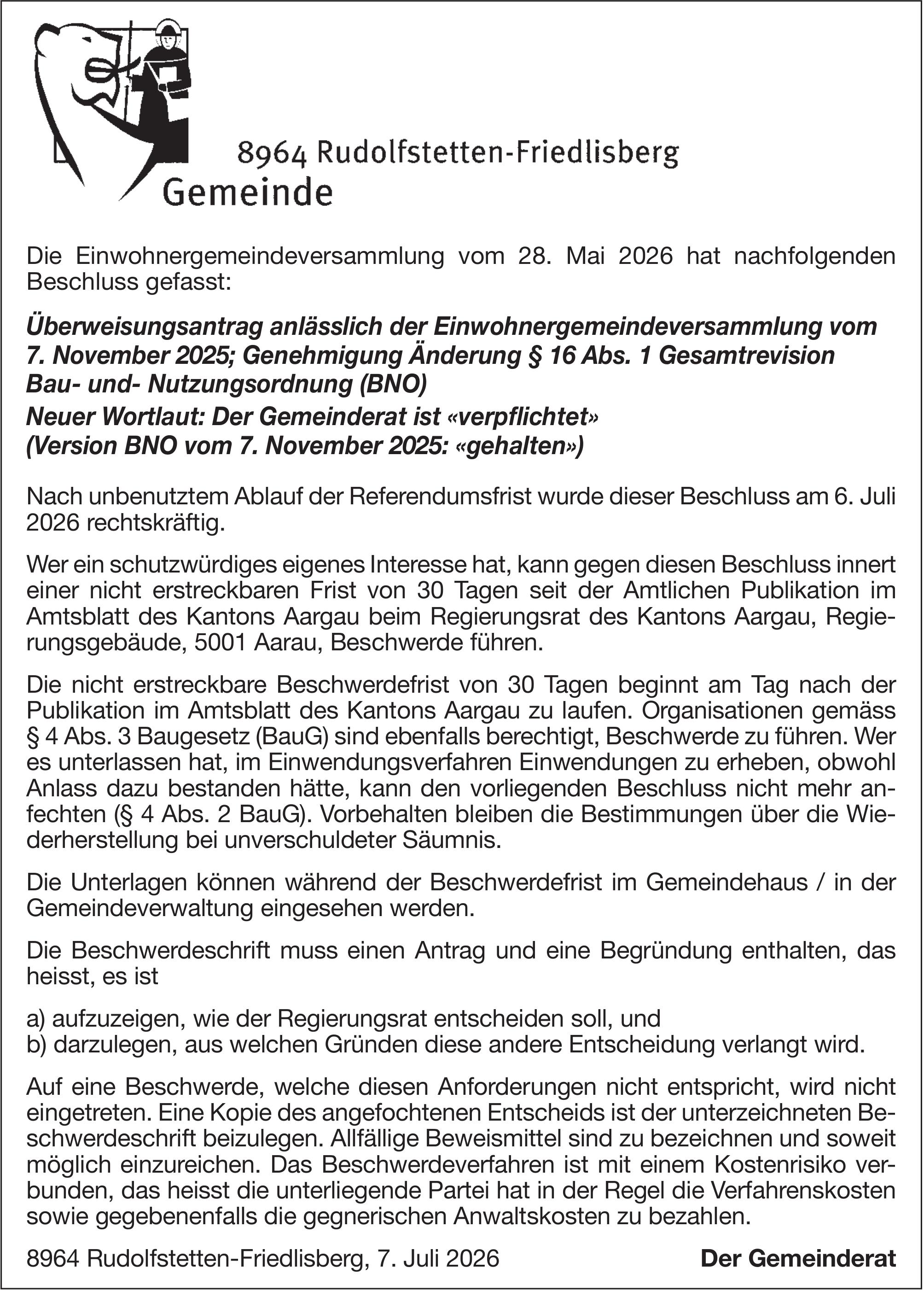 Lokale Gemeinschaft, Rudolfstetten-Friedlisberg - Die Einwohnergemeindeversammlung vom 28. Mai 2026 hat nachfolgenden Beschluss gefasst