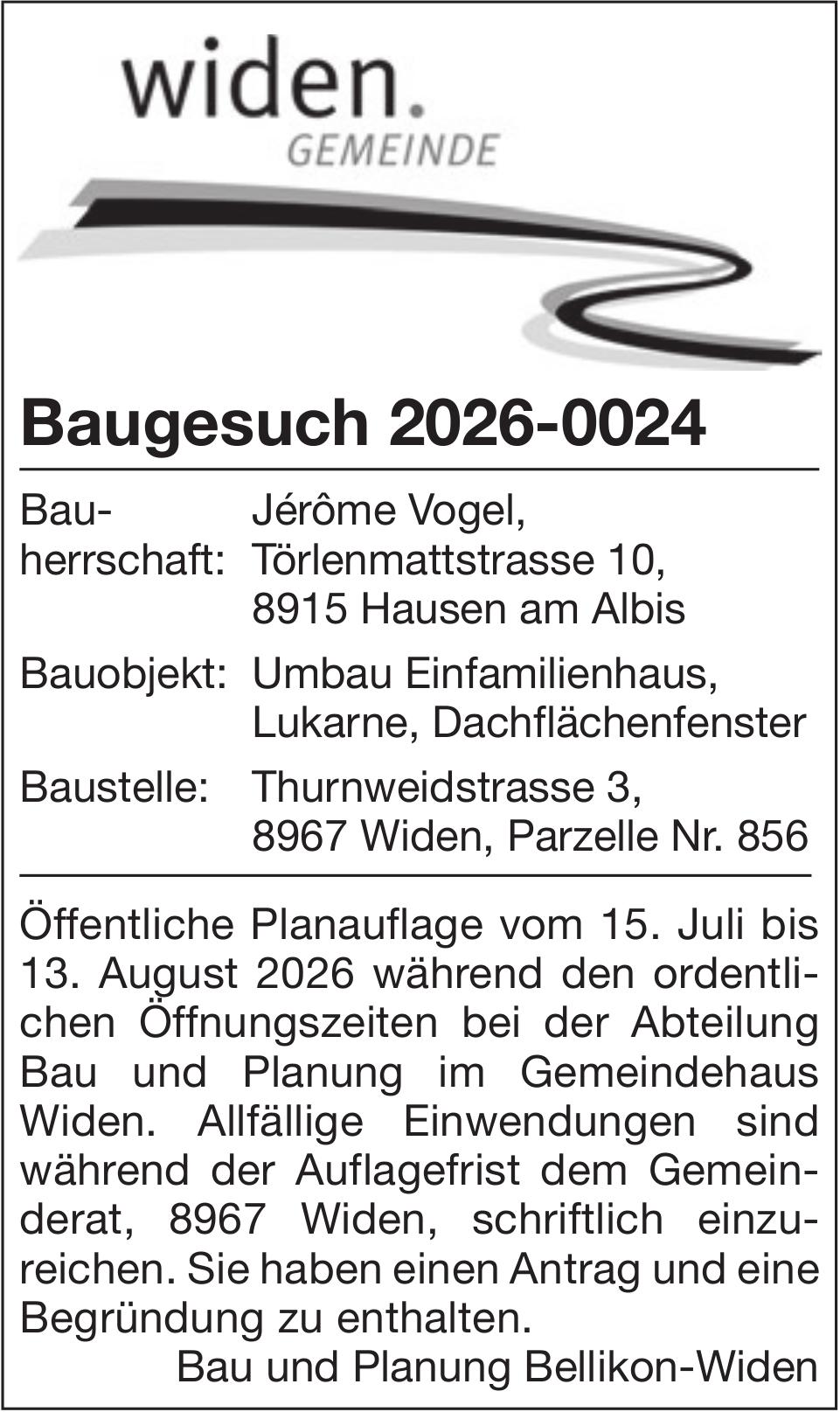 Baugesuche, Jérôme Vogel, Baugesuch 2026-0024