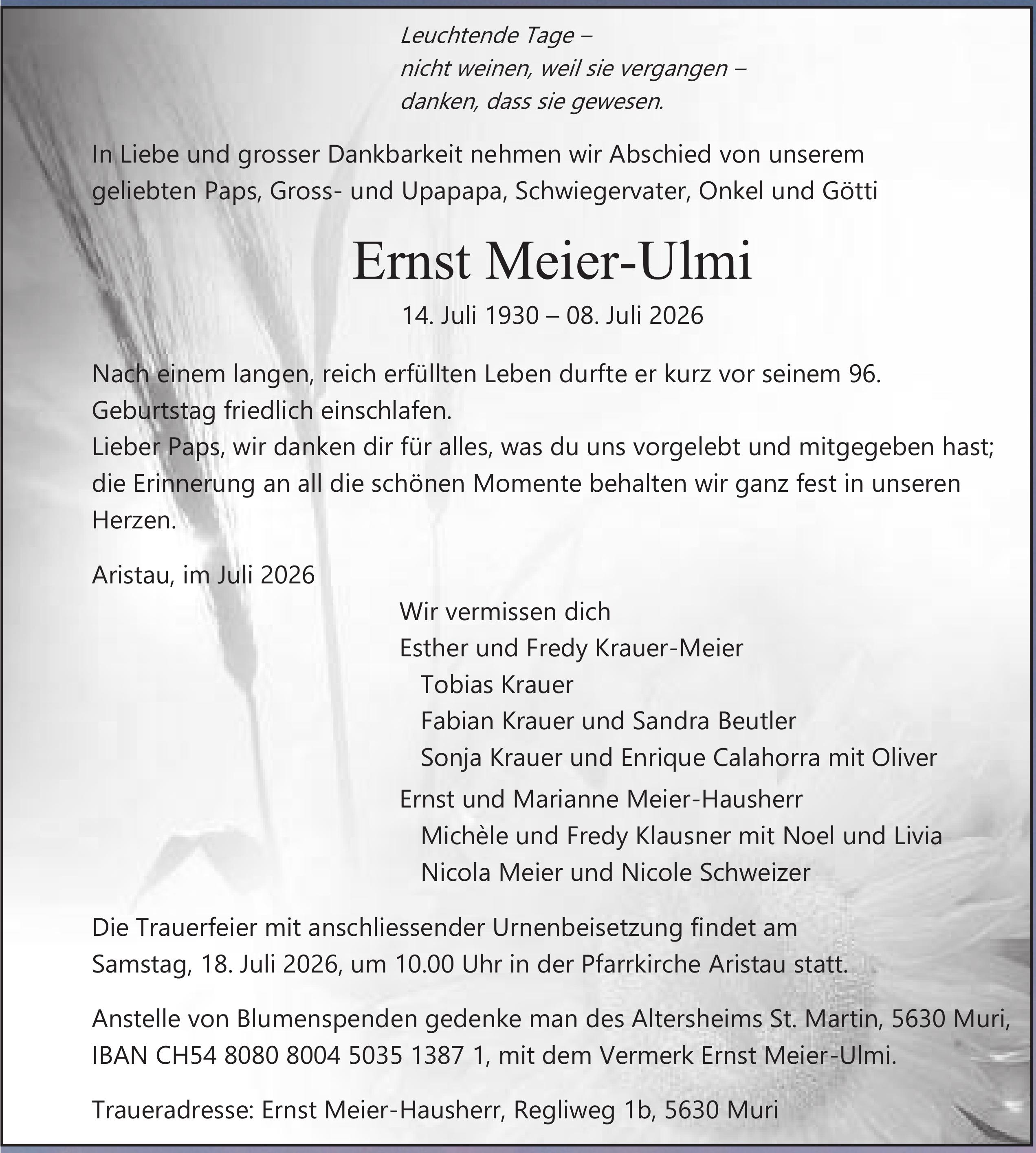 Meier-Ulmi Ernst, Juli 2026 / TA