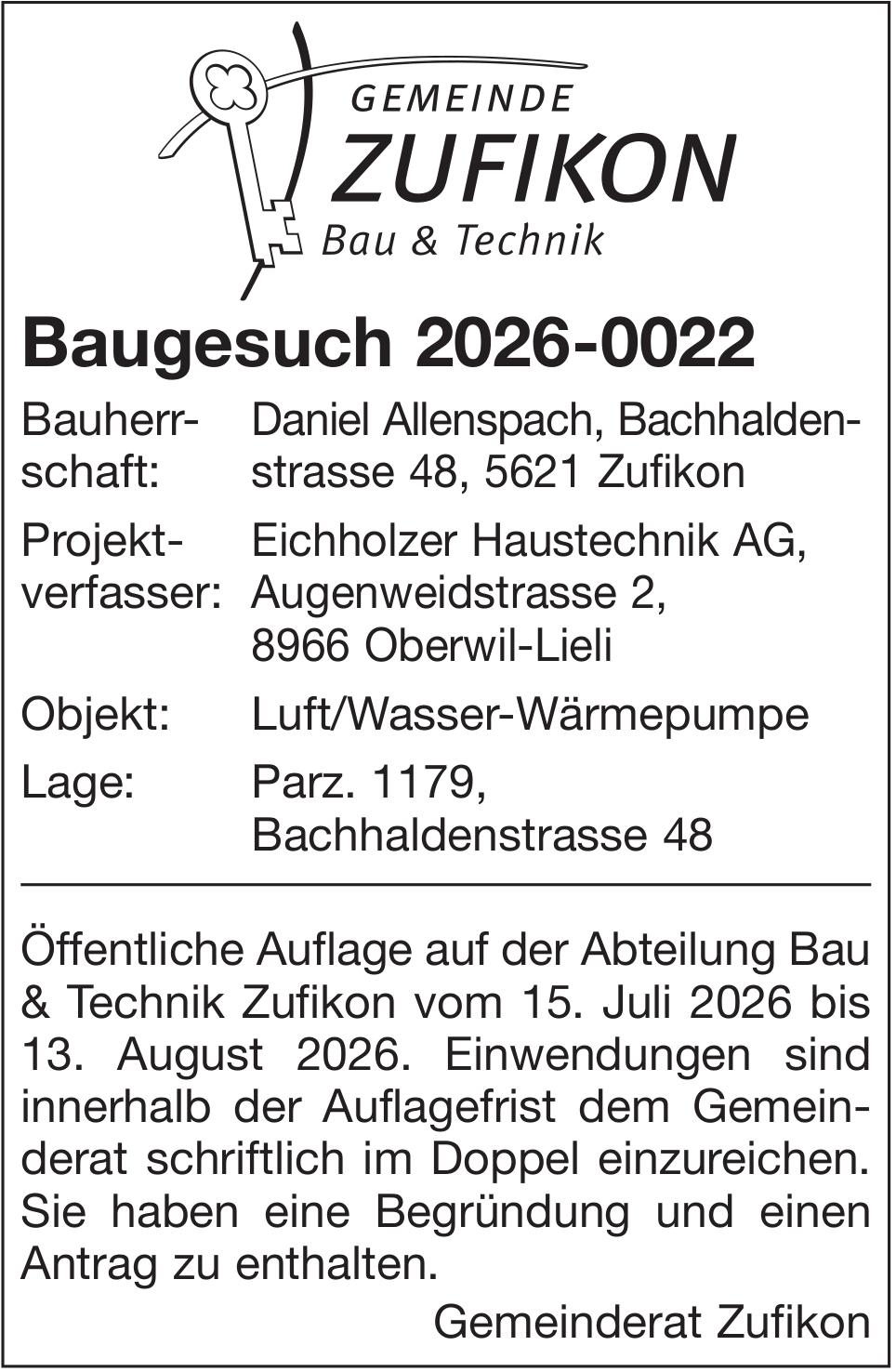 Baugesuche, Daniel Allenspach, Baugesuch 2026-0022