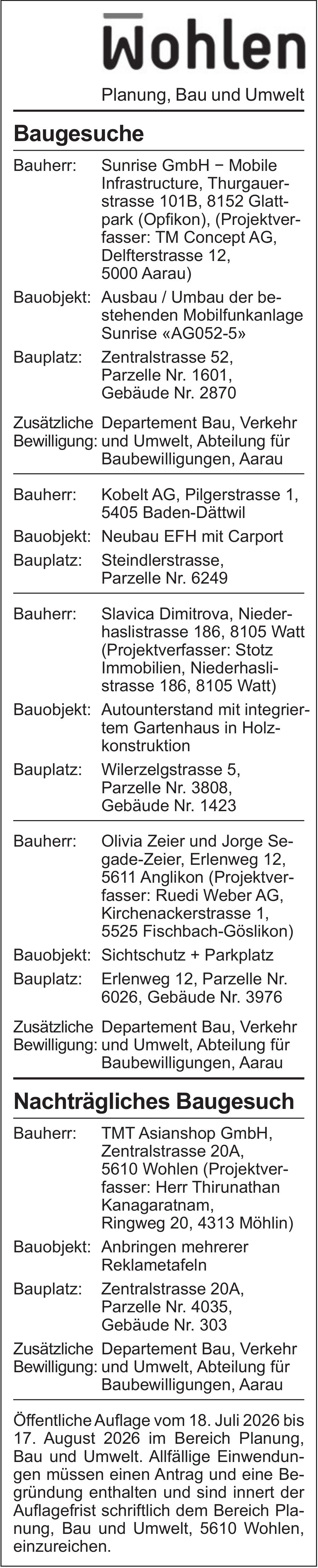 Baugesuche, Wohlen