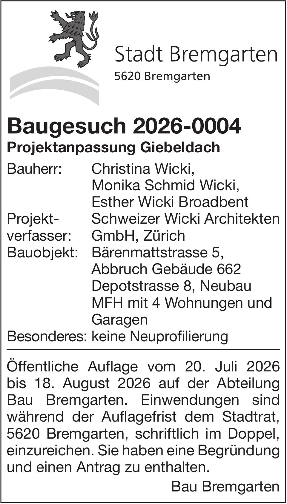 Baugesuche, Stadt Bremgarten - Baugesuch 2026-0004, Projektanpassung Giebeldach