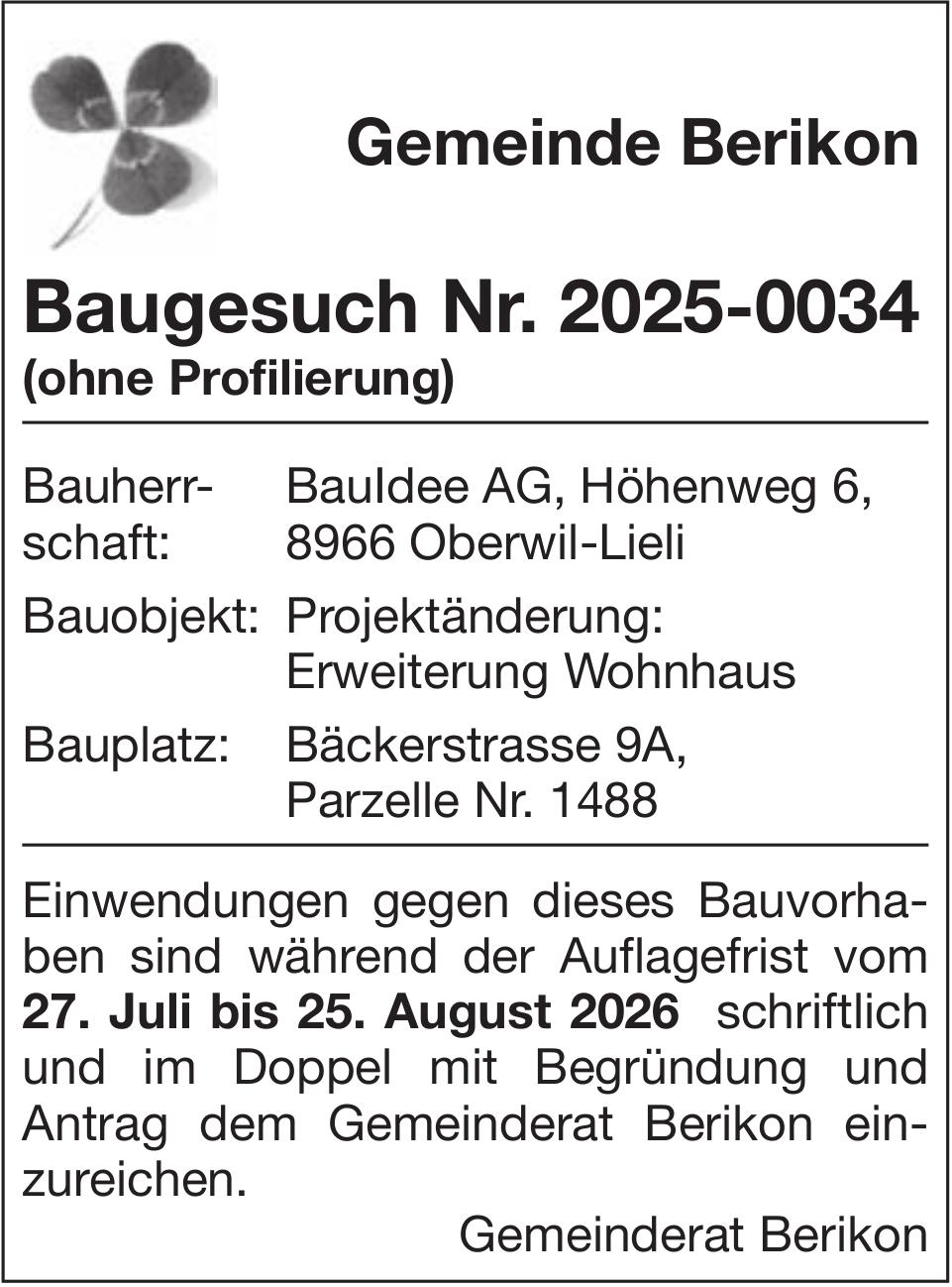 Baugesuche, Gemeinde Berikon - Baugesuch Nr. 2025-0034, Bauldee AG