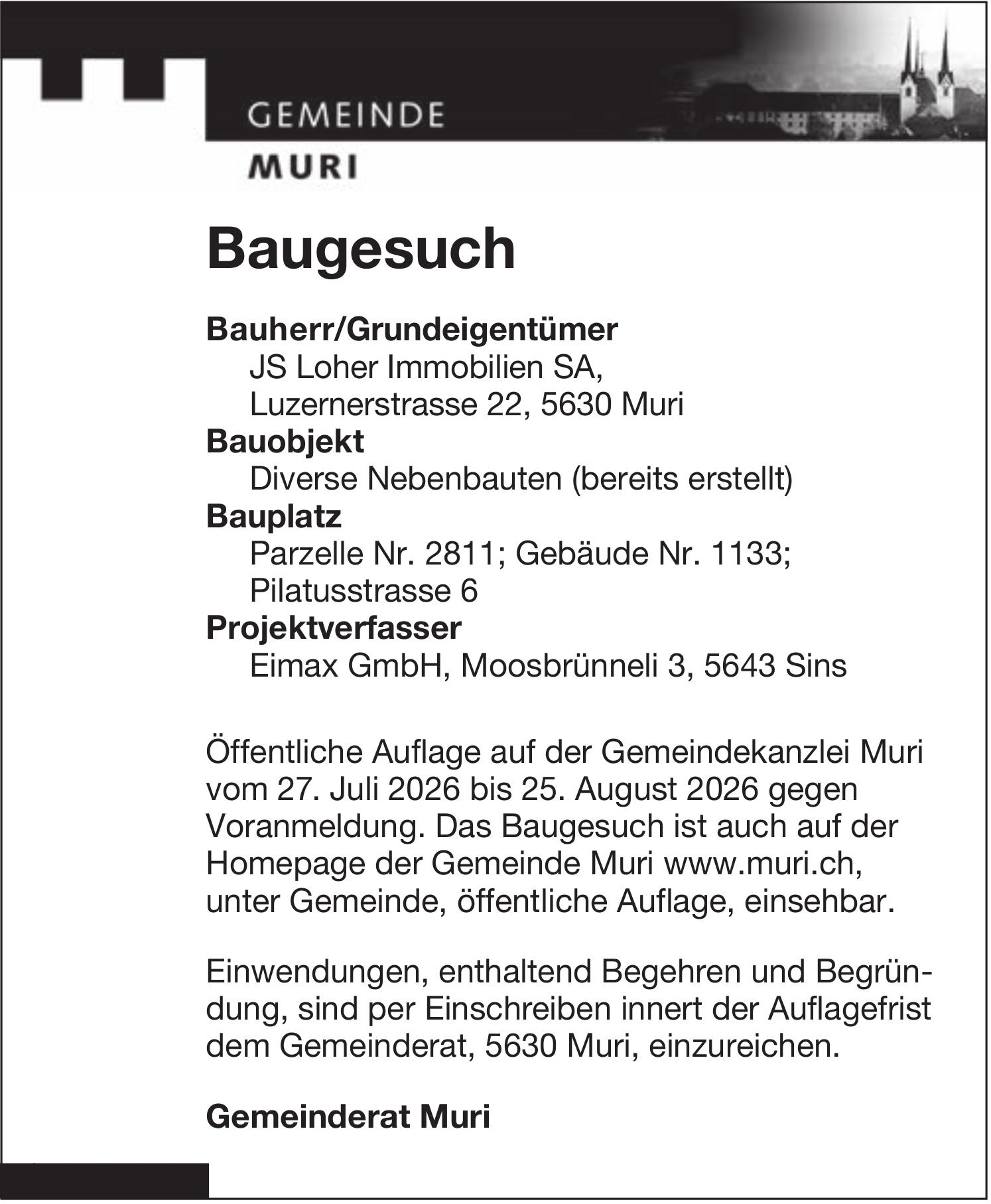 Baugesuche, Gemeinde Muri, JS Loher Immobilien SA