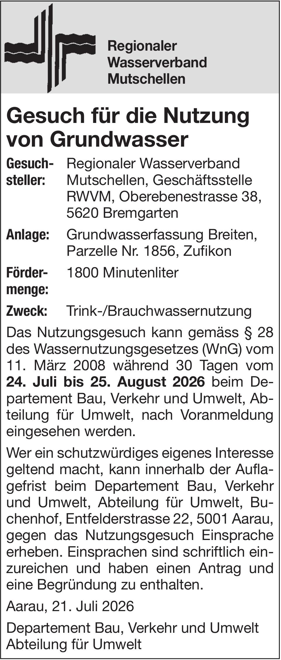 Sonstiges, Bremgarten - Regionaler Wasserverband Mutschellen, Gesuch für die Nutzung von Grundwasser
