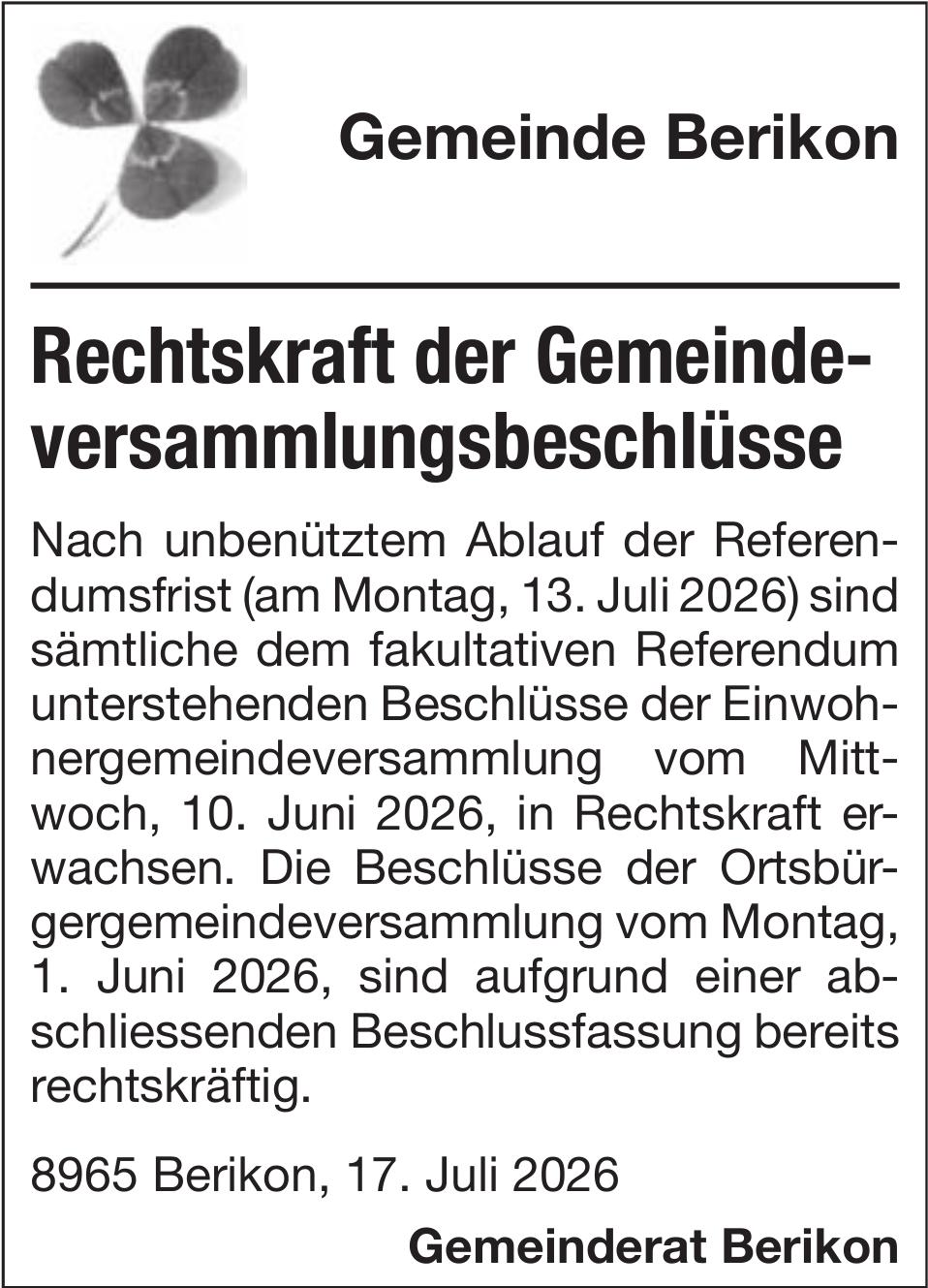 Lokale Gemeinschaft, Berikon - Gemeindeverwaltung Berikon, Rechtskraft der Gemeindeversammlungsbeschlüsse