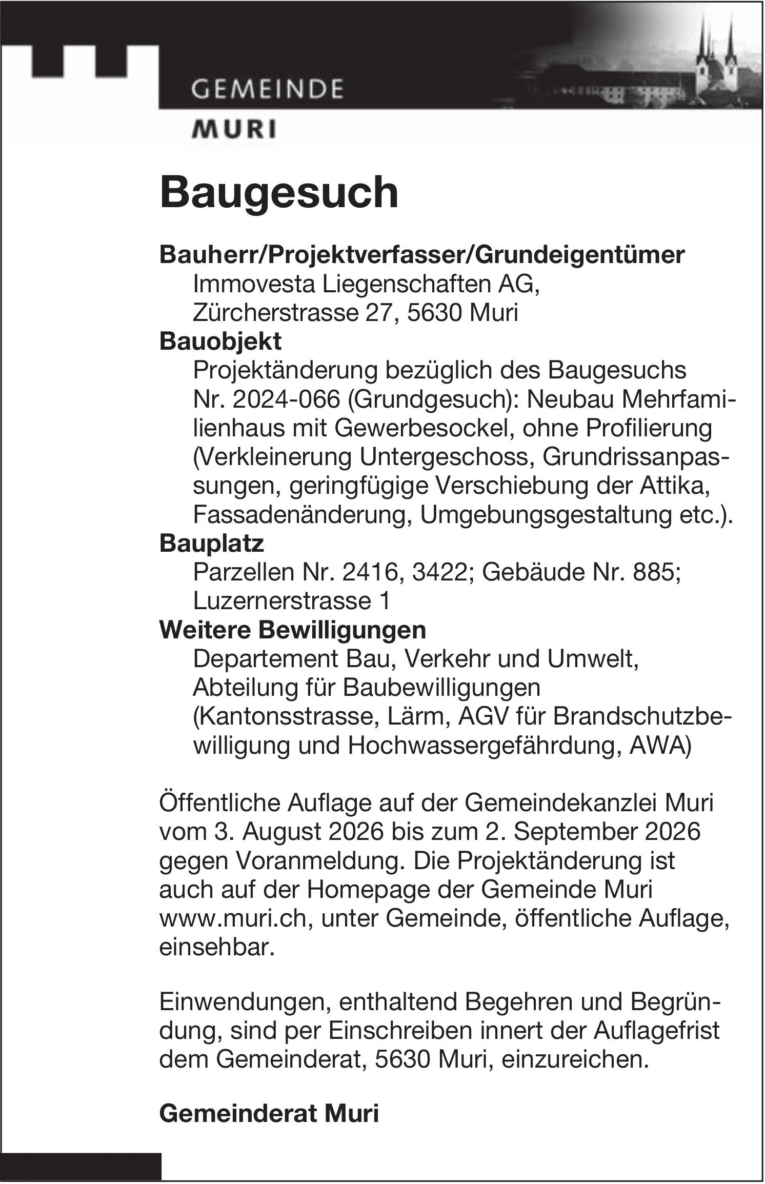 Baugesuche, Muri - Immovesta Liegenschaften AG